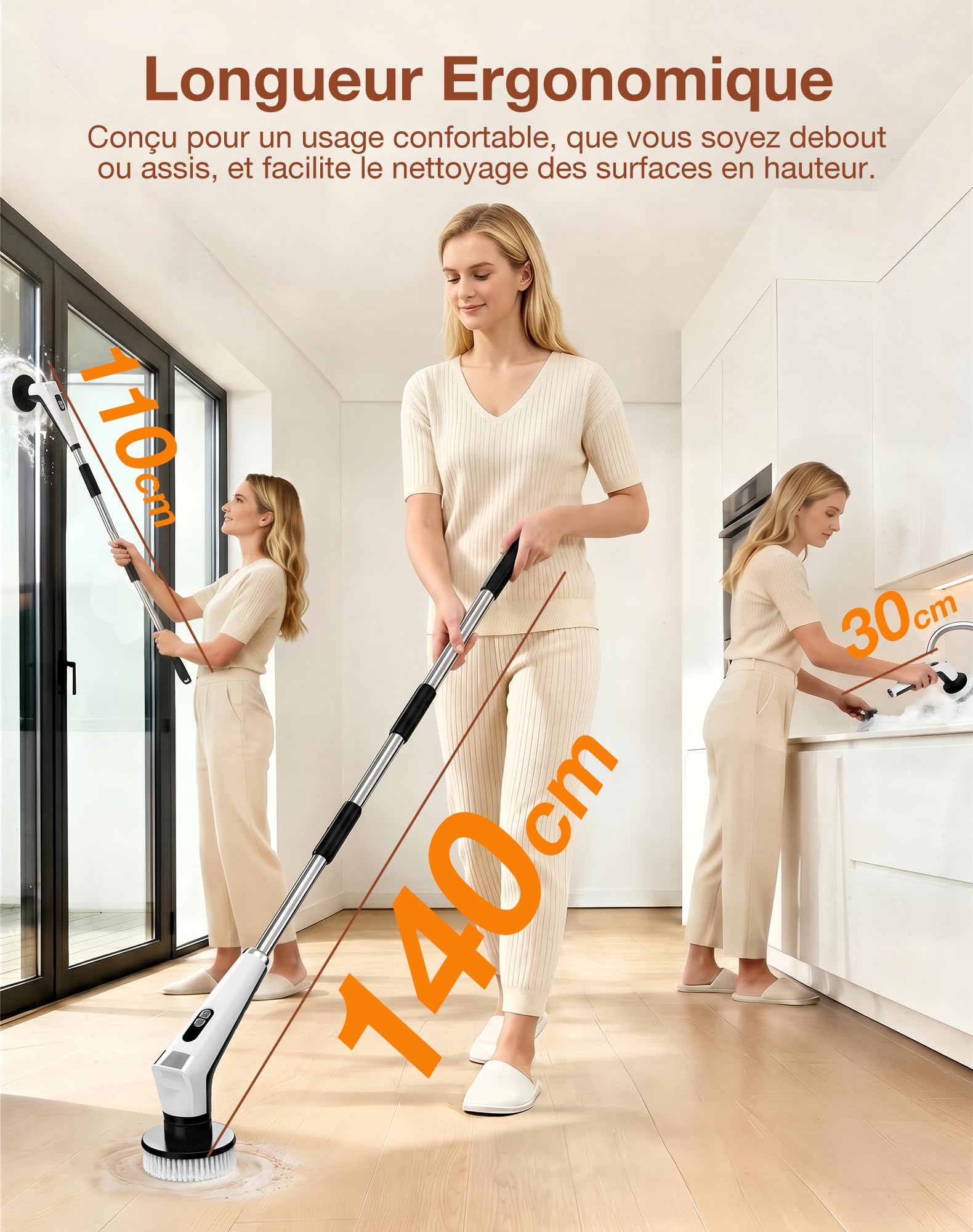 Brosse Nettoyage Électrique avec 9 Têtes, Manche Extensible, 3 Vitesses, Étanche IPX8, Batterie de 3000 mAh, Brosse Rotative Nettoyage avec Éclairage LED pour Salle de Bain, Cuisine, Sols