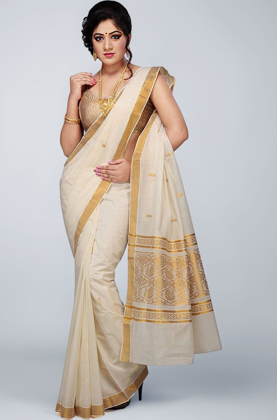 Maxis Women's Kasavu Cotton Saree With Blouse Piece (SMALLPCK_RCHPALLU_Cream)