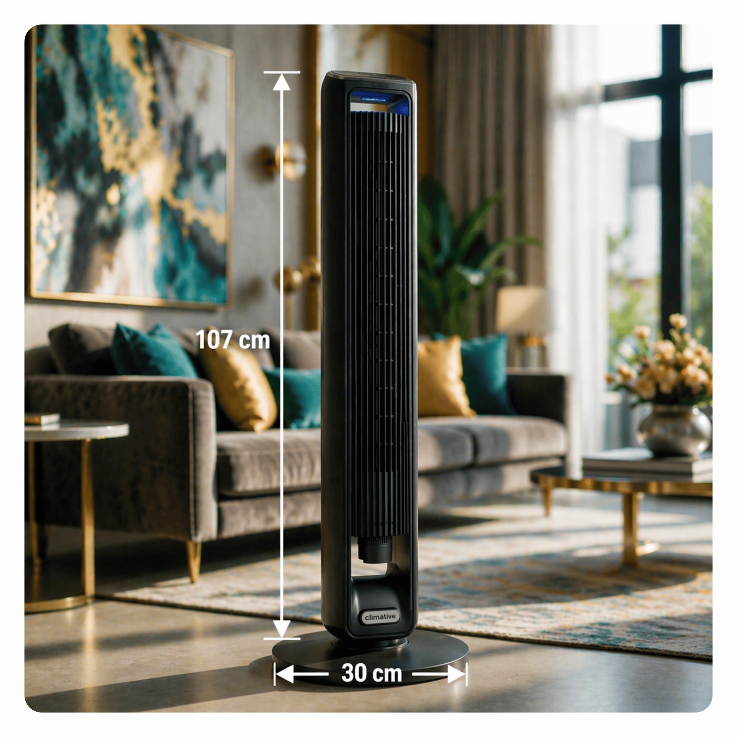 Turmventilator ION 107cm WiFi Tuya, Ionisator & großes Duftfach, Starker 6m/s Wind, 90° Oszillation, 15h Timer, LED Display, Design Standventilator, Tower Fan, Ventilator