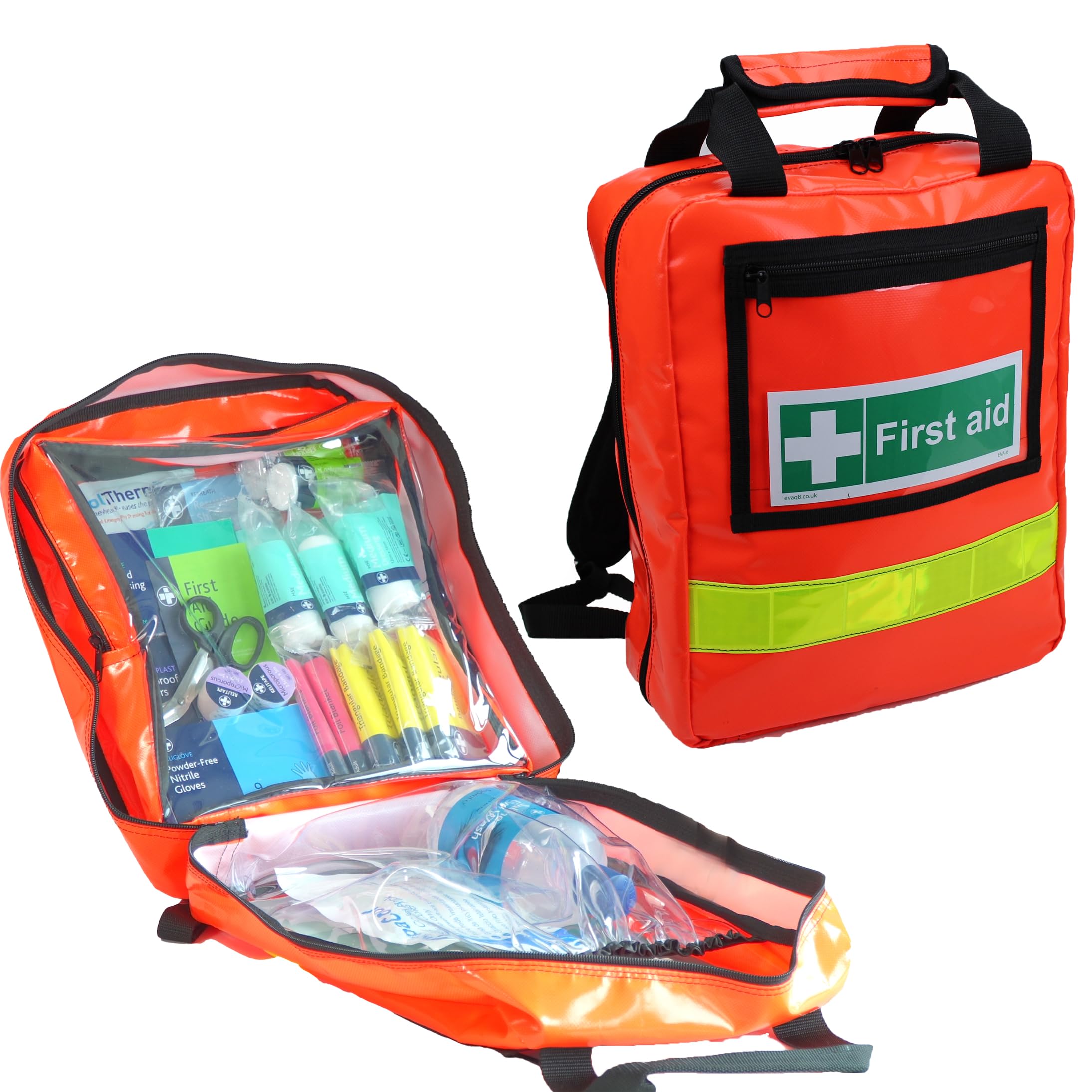 EVAQ8 British Standard Compliant First Response First Aid Kit in a Outdoor High Visibility Orange Rucksack Includes an Accident Book