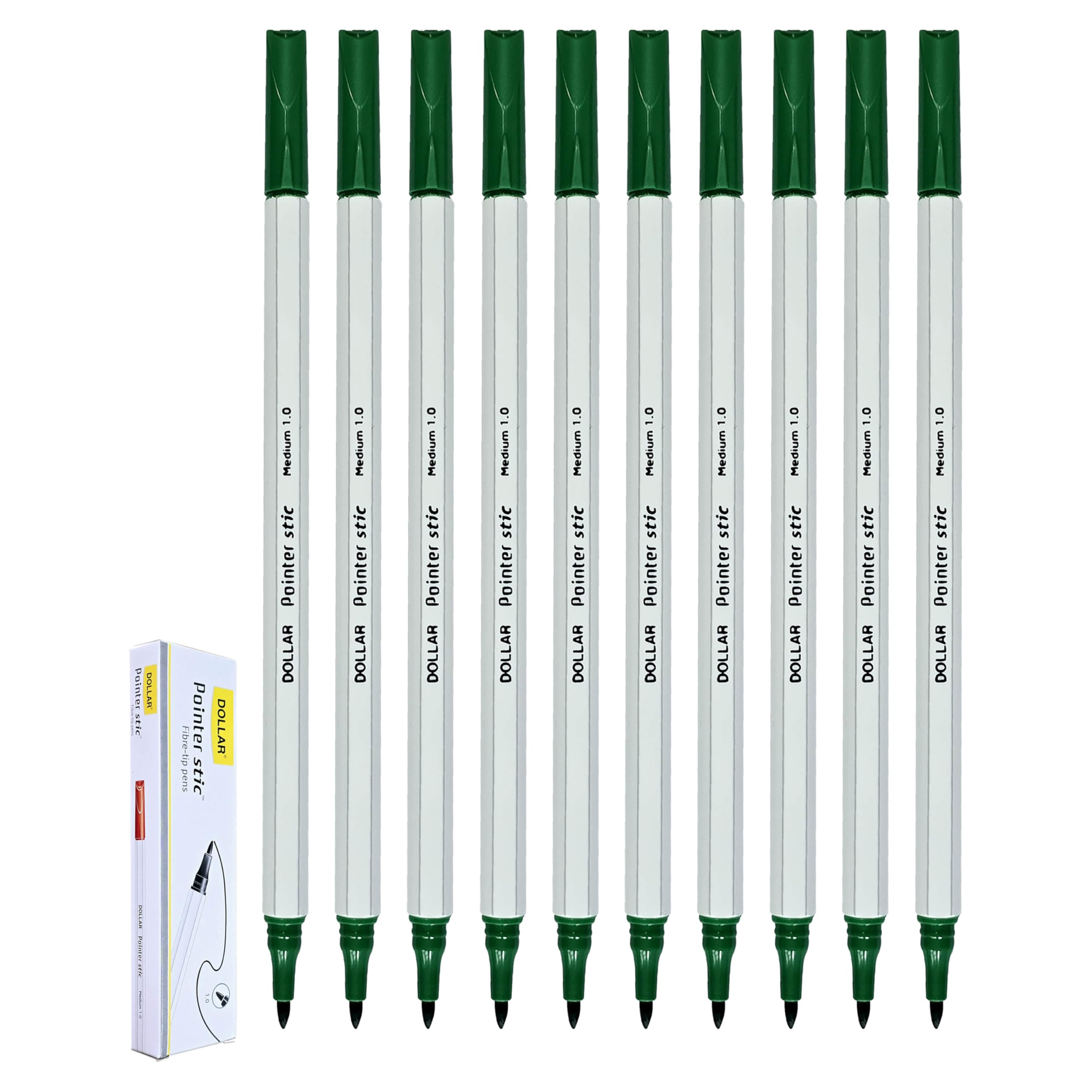 DOLLAR PointerStic Felt Tip Colouring Pens, GREEN, Medium Point (1.0mm), Pack of 10, Ideal for Write Draw Sketch Colour, School Office Home Use