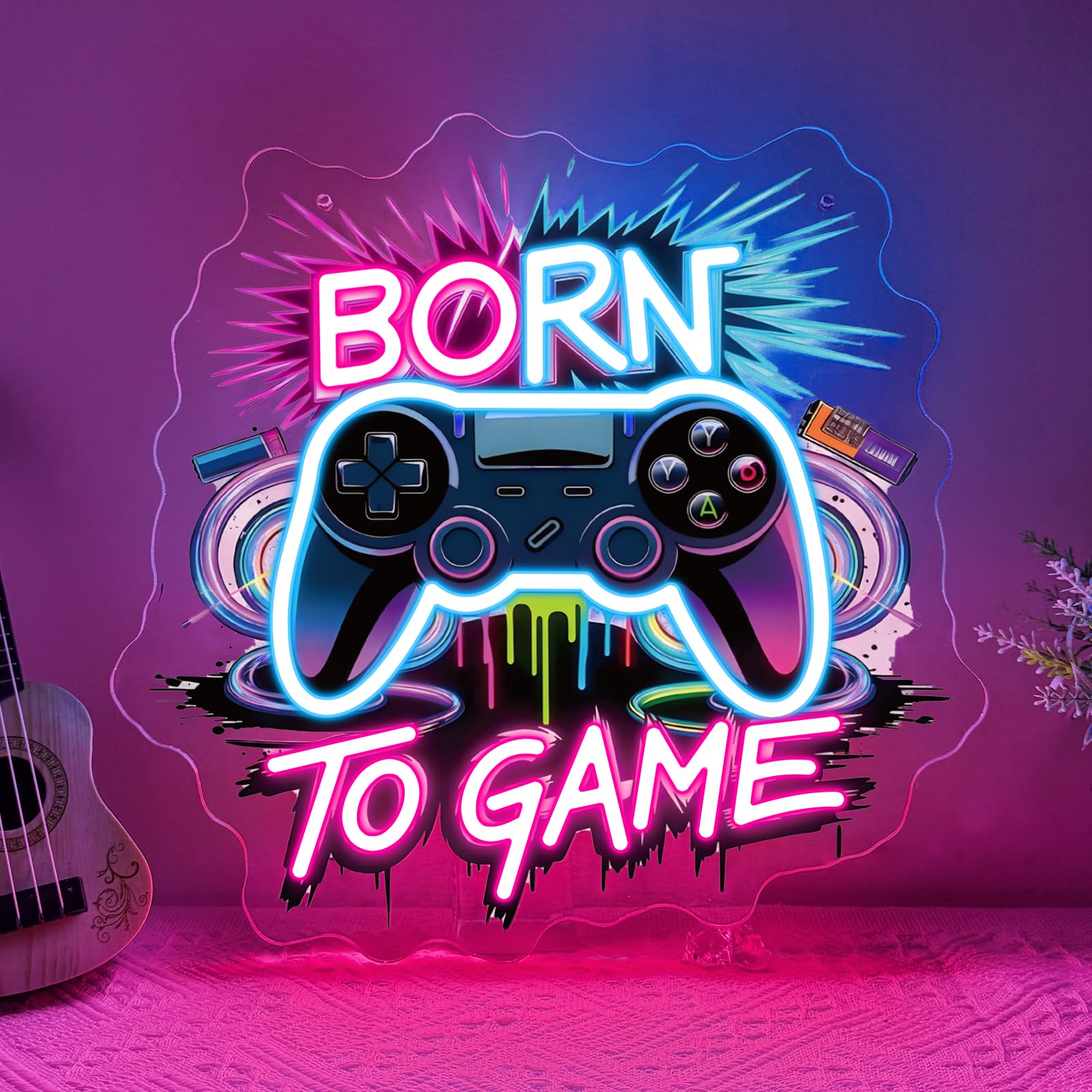 Born to Game Neon Sign for Wall Art Decor,Game Controllers Neon Light for Bedroom Man Cave Gaming Room Club Party,Colourful Gaming LED Lights Wall Decoration Gift for Gamer USB Powered（13.4"*13"）