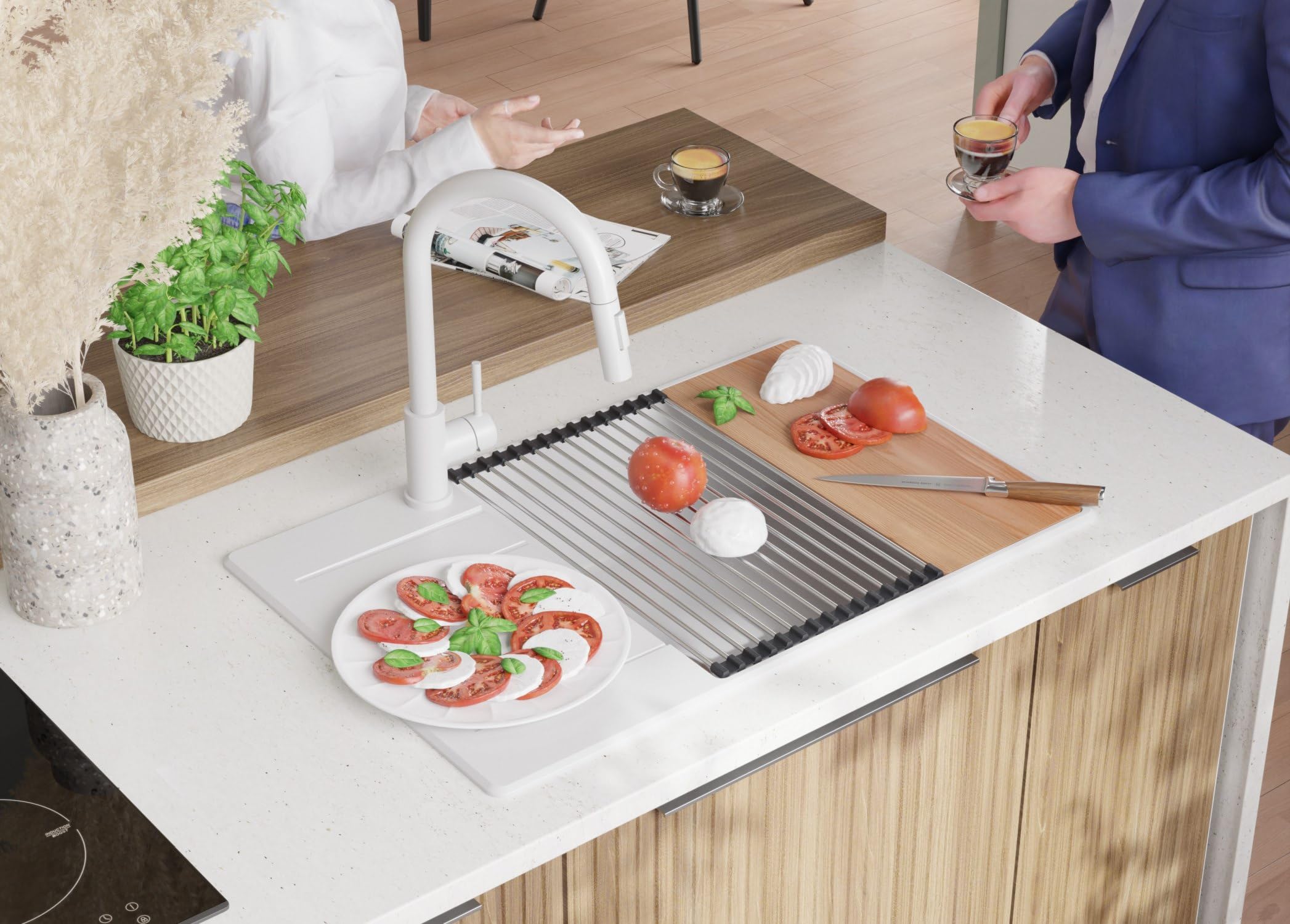 PRIMAGRAN Lavello da Cucina Tutto Bianco 78x50cm, Lavandino in Granito a 1 vasca + Sifone Classico, Lavabo da Cucina Incasso al Mobile 60cm - Copenhagen Top S572