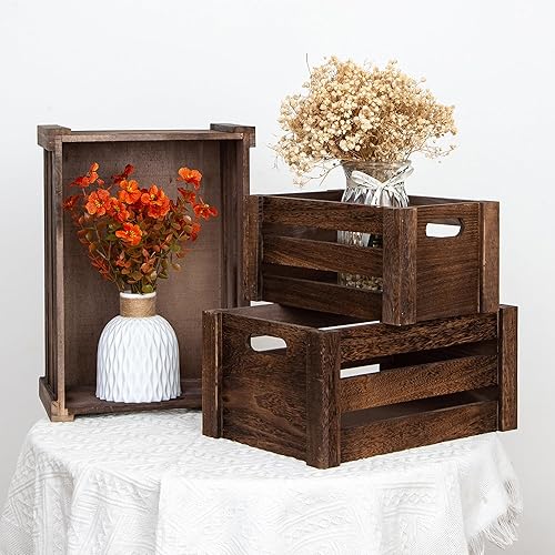 Miniatura 6 de Cajas grandes de madera negra vintage para exhibición,Juego de 3 cajas de madera con asas,Cajas de madera rústicas hechas a mano para almacenamiento