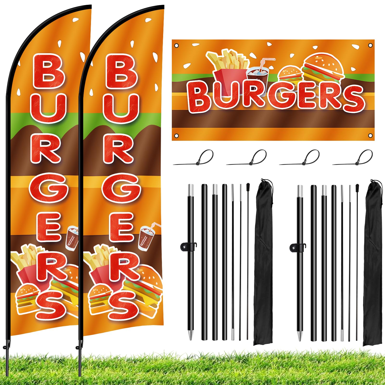 Kerty 2 Sets Burgers Feather Flag with Pole Kit, 8.2FT Outdoor Advertising Banner for Food Trucks Business Store Fronts