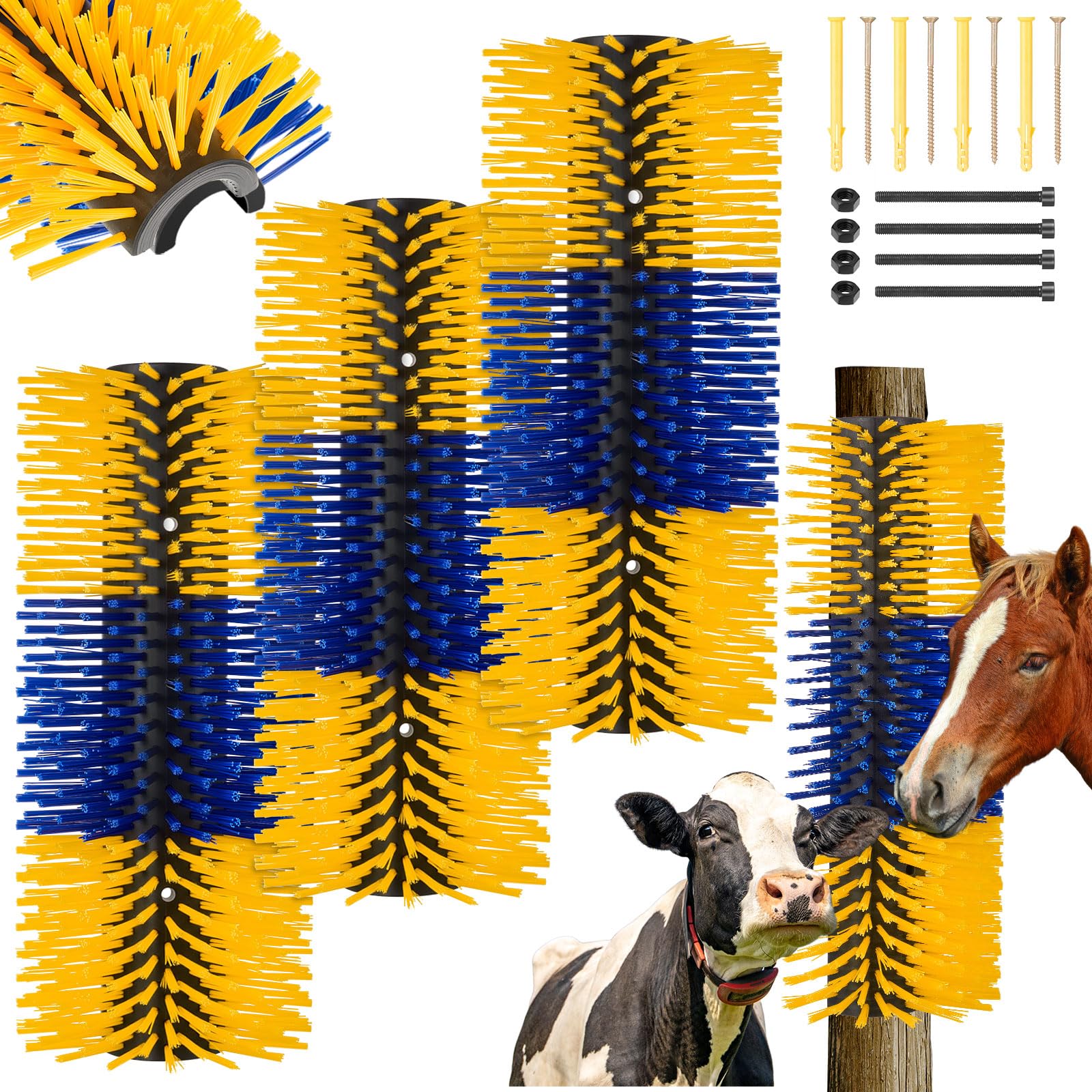 Paquete de 3 cepillos rascadores de caballos para el aseo de ganado de 17.3 x 7.8 pulgadas, cepillo rascador de vaca, ganado, cabra, para aliviar la picazón de espalda (amarillo y azul)