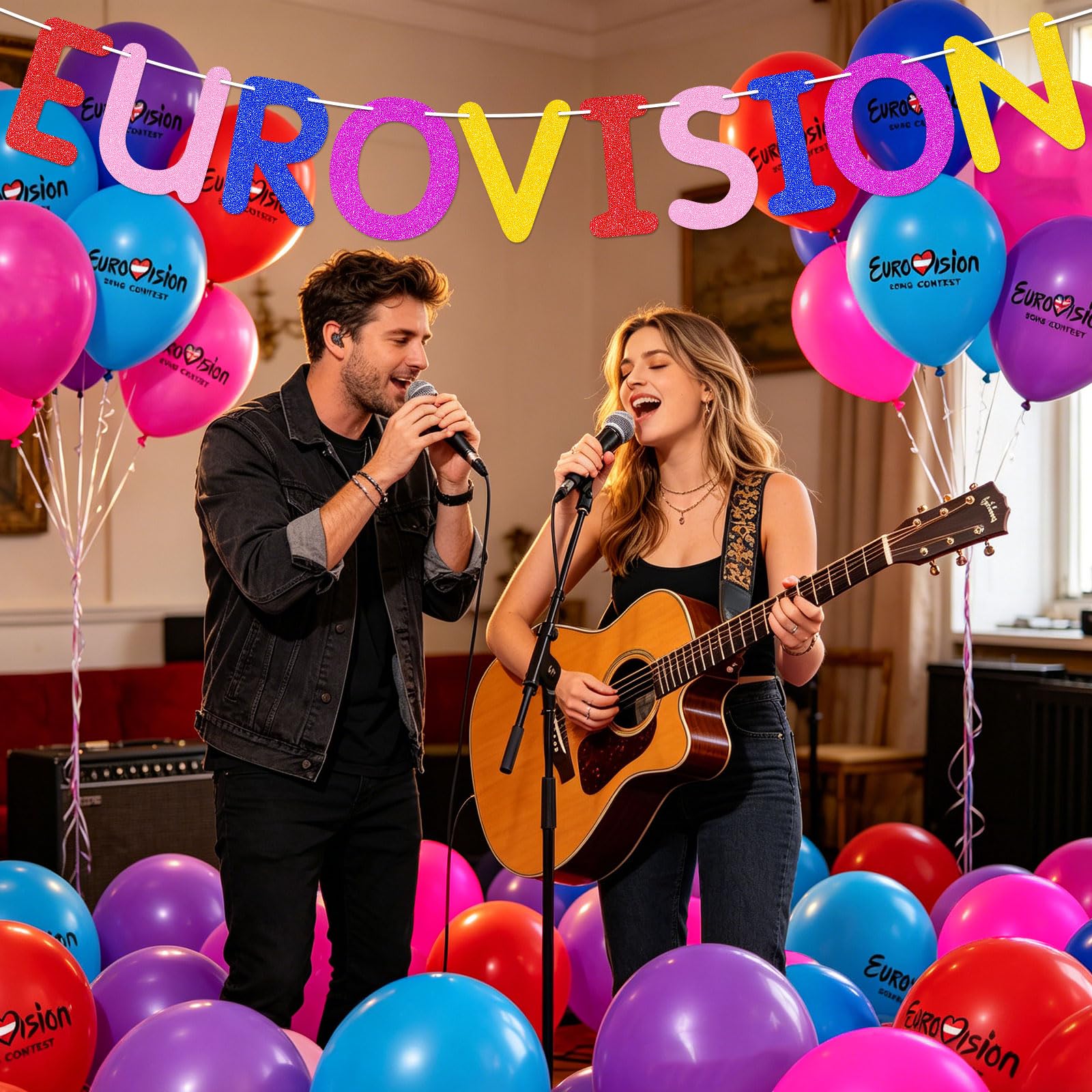 21 Pcs Eurovision 2026 Party Decorations Set, 12 Inch Multicolour Latex Balloons and Glitter Eurovision Banner, Vienna 2026 Celebration Themed Supplies for Eurovision Song Contest Watch Party — view 4