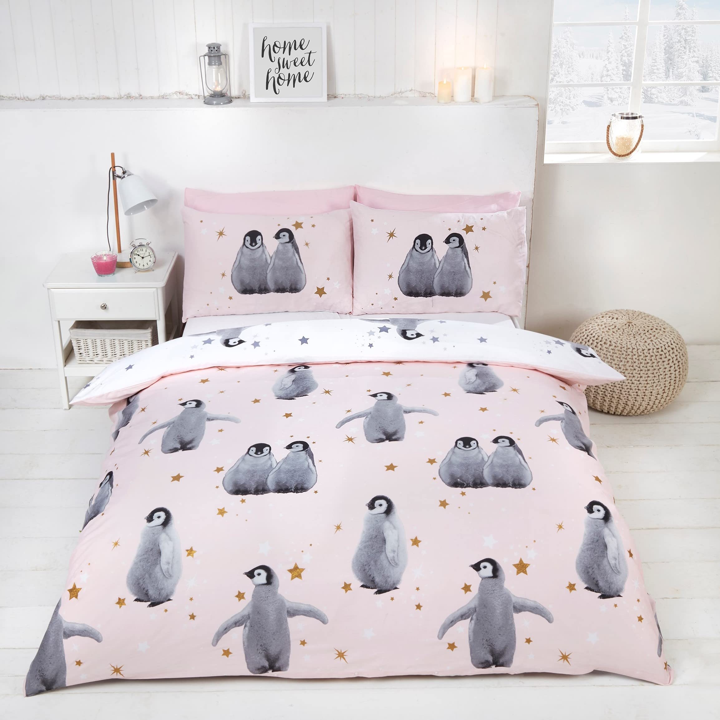 Rapport Home Starry Penguins Duvet Set, Polyester-Cotton, Pink,3 pieces, King