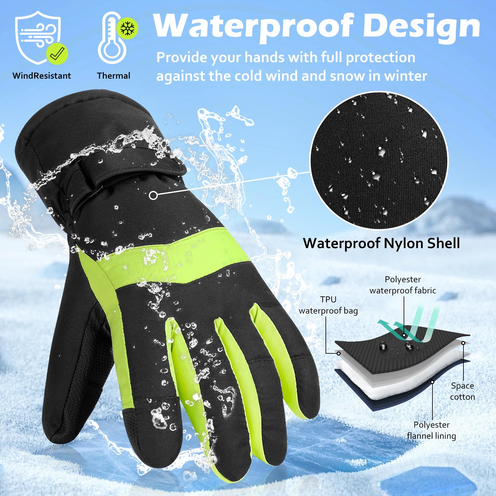 Hyeek Guanti Invernali Donna, Impermeabili Guanti Sci Donna - Caldi Touch Screen Guanti Neve per Ciclismo,Moto,Trekking,Corsa,Snowboard