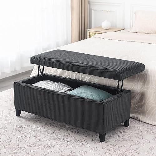 Miniatura 54 de Adeco Otomana de almacenamiento, banco tapizado rectangular de piel sintética con patas de madera, reposapiés, mesa de café para sala de estar,
