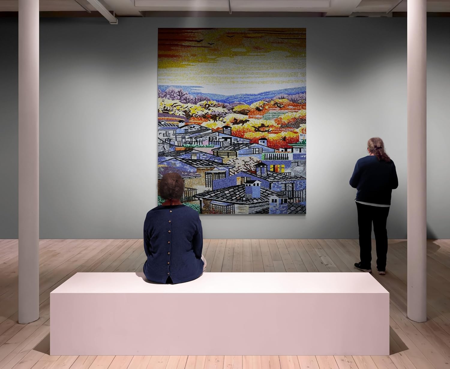 Village At Autumn Sunset Mosaic Mural | Beautiful Marble Mosaics | Custom Mosaics By Mosaics Lab | Handmade Mixed | This Masterpiece Is Great As Wall Art | Perfect For Any Office, Living Room.