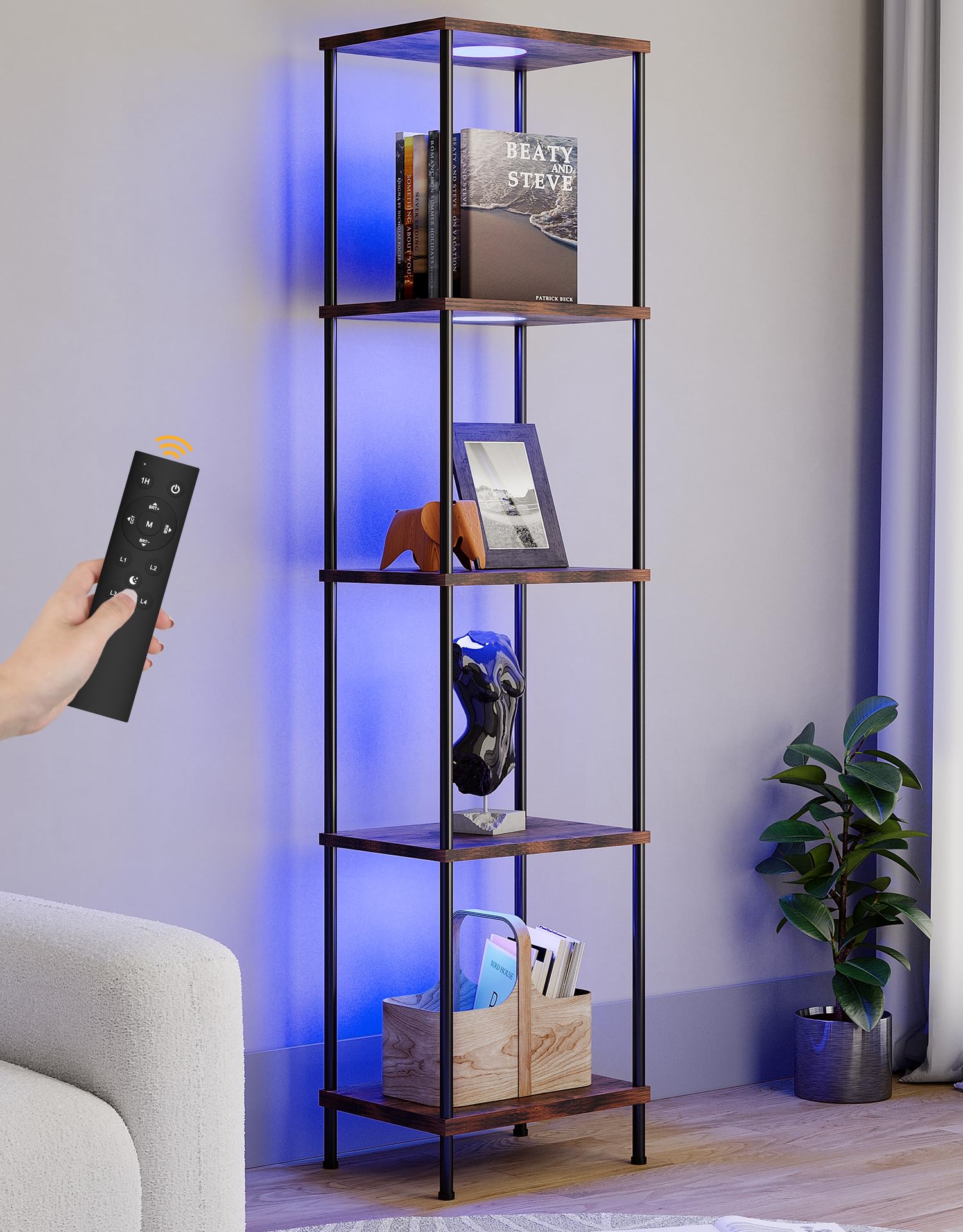 Display Shelf with RGBW Light, Color Changing Curio Cabinet Floor Lamp with Shelves Corner Standing Column Lamp Etagere Organizer Tower Nightstand