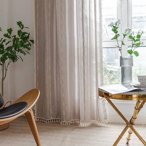 Miniatura 5 de Cortinas de lino de 63 pulgadas de largo, 2 paneles para sala de estar, cortinas bordadas caqui de estilo bohemio para dormitorio, cortinas rústicas