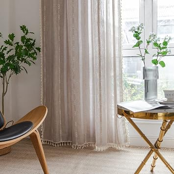 Linen Curtains 84 Inches Long - Embroidery Striped Farmhouse for Living Room, Tassel Boho for Bedroom, Light Filtering 2 Panels Set Rod Pocket Drapes (52 W x 84 L, Khaki)