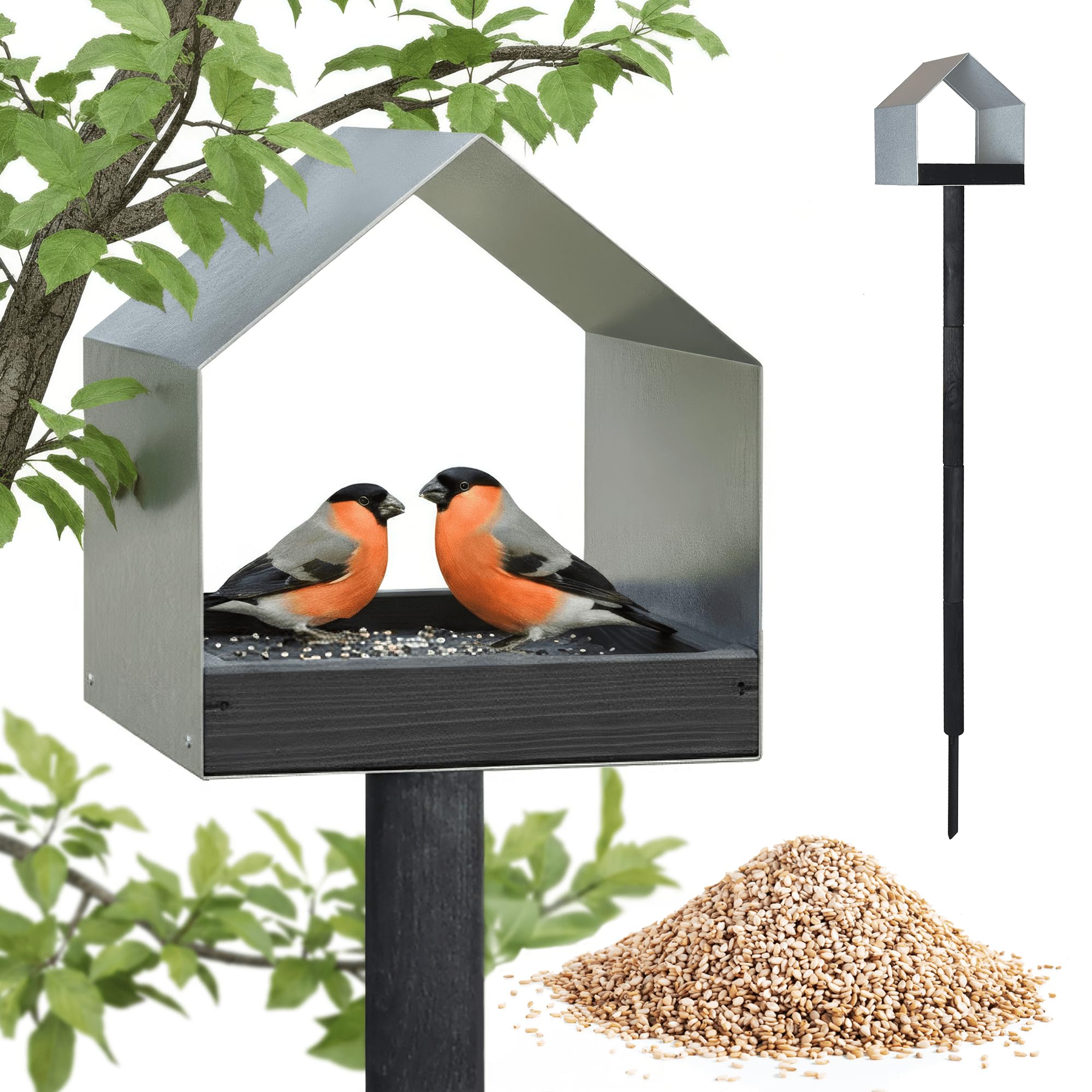 PATKAR Vogelhaus Futterhaus für Vögel mit Ständer aus Kieferholz und Verzinktes Blech - Vogelfutterhaus Vogelfutterstation für Wildvögel Vogel Futterstation + 500g Futter Gratis