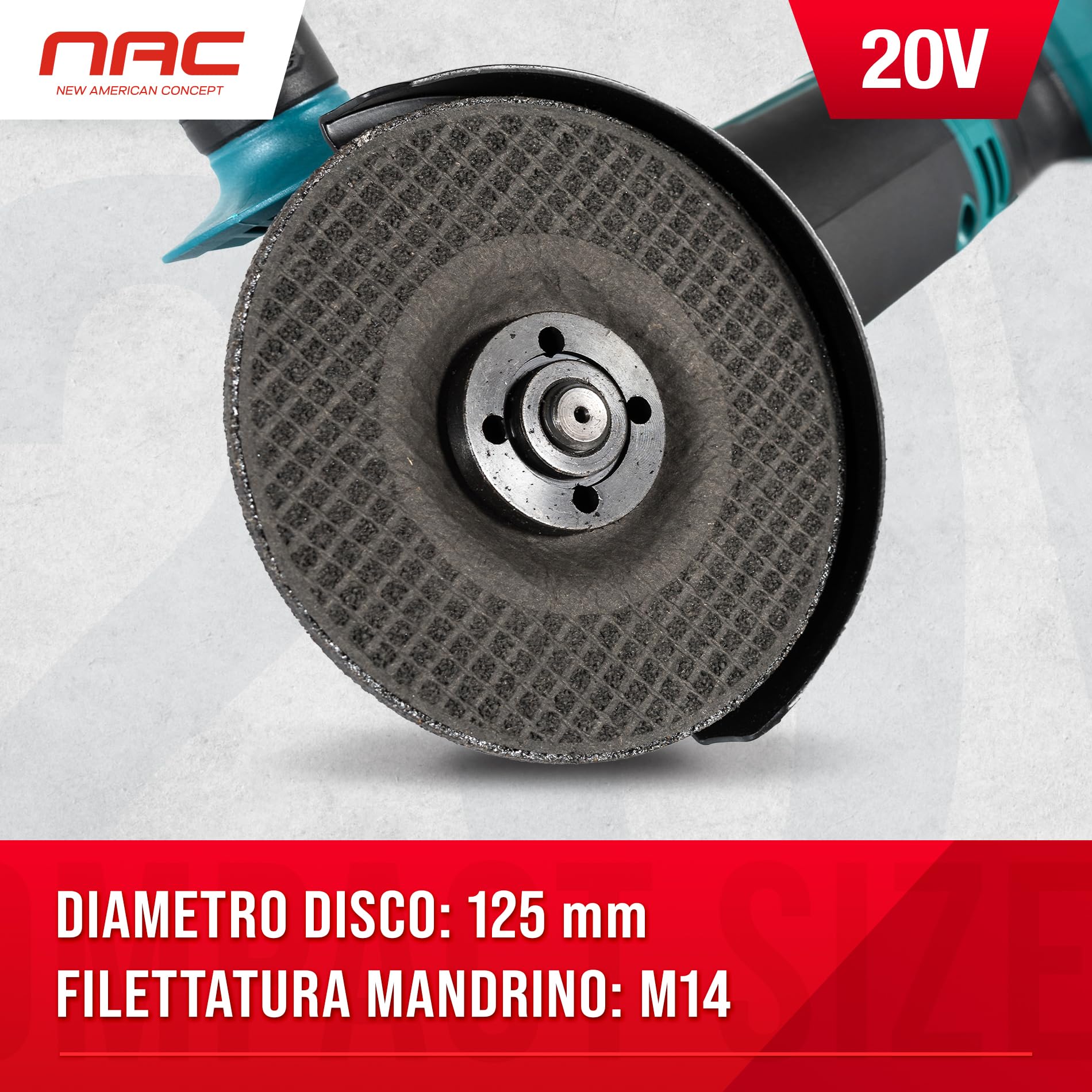 NAC NEW AMERICAN CONCEPT NAC, akumulatorowa szlifierka kątowa 20 V, akumulator 4 Ah, litowo-jonowy, tarcze 125 mm, prędkość obrotowa 10 000, osłona szyby, zielona