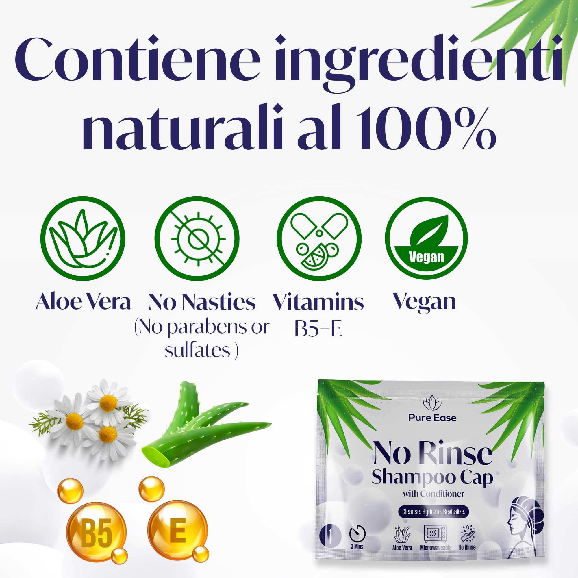 Pure Ease Cuffia Shampoo per Allettati - Lavaggio Capelli per Disabili con Salviette Capelli, Ideale per Anziani e Persone Allettate, Formula Delicata, Perfetta per Strutture Sanitarie (Pack of 5)