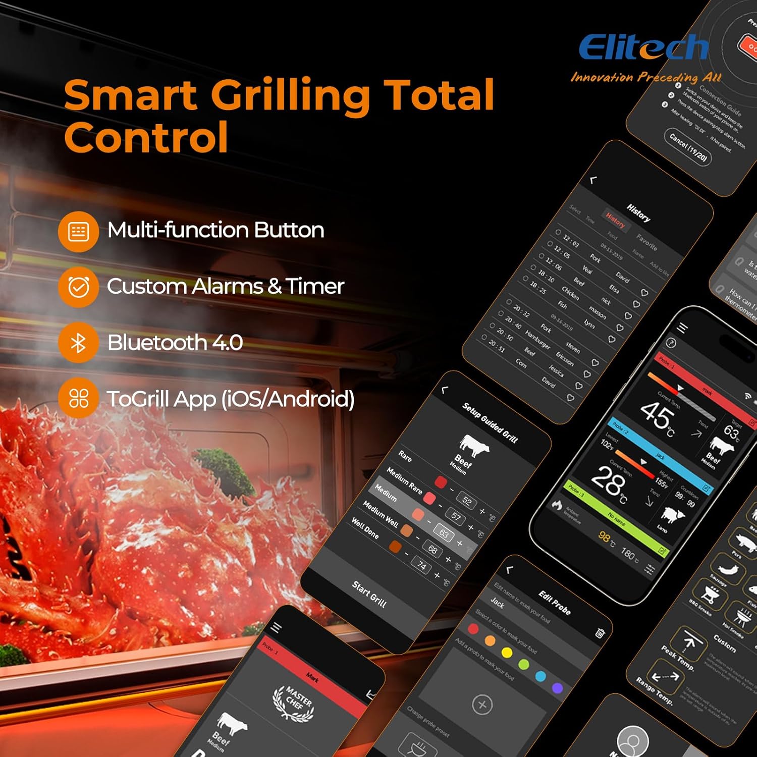 Smartphone screen showing the ToGrill app interface with various meat cooking options and temperature settings