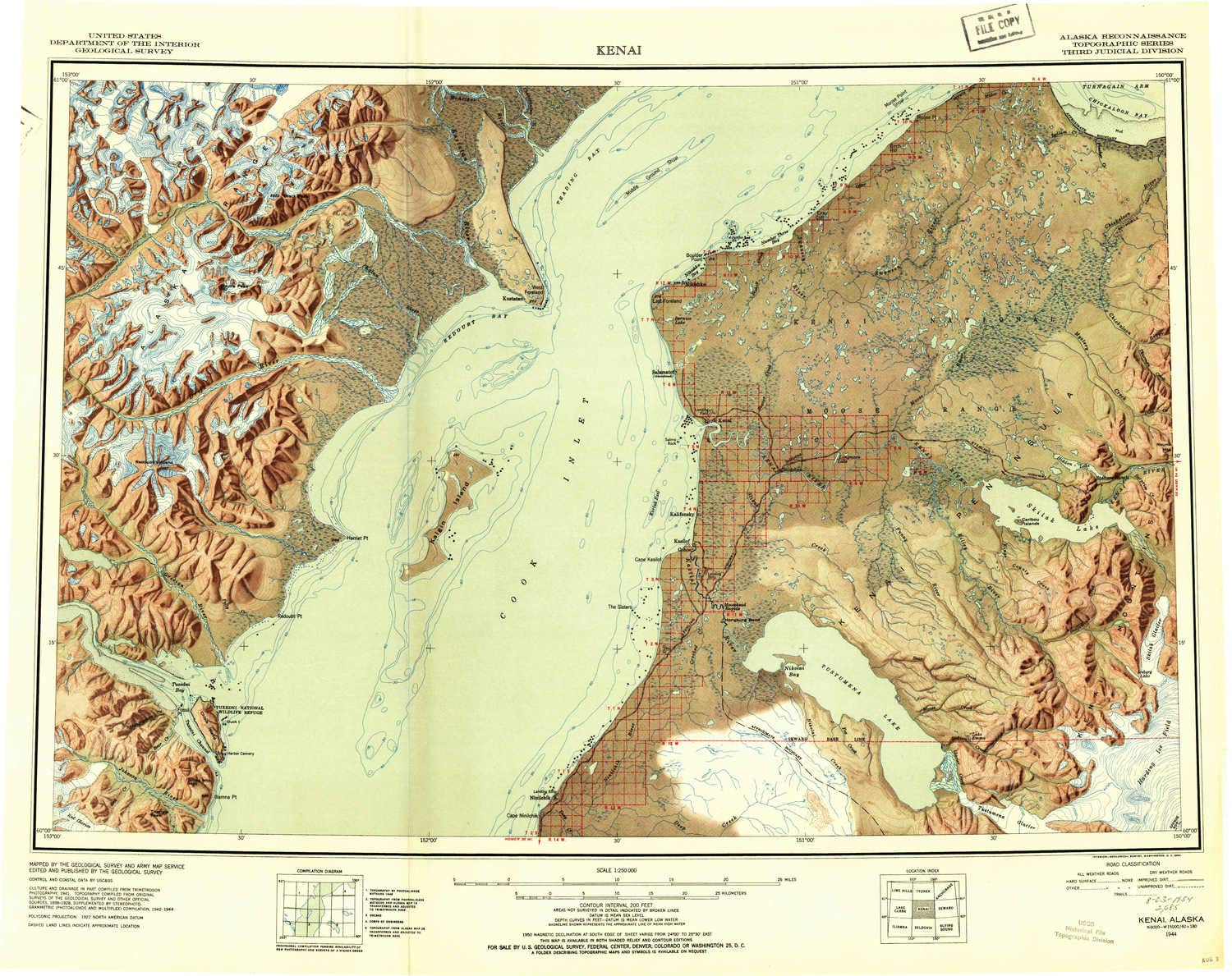 YellowMaps Kenai AK topo map, 1:250000 Scale, 1 X 3 Degree, Historical, 1944, Updated 1954, 22.8 x 28.8 in - Tyvek