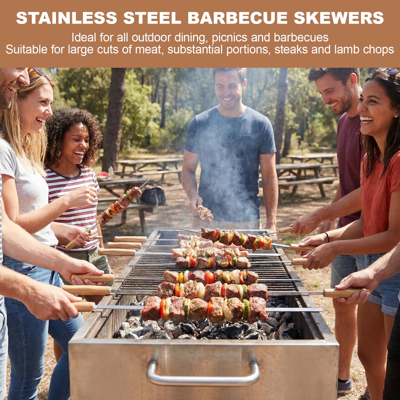 Brochettes barbecue acier inoxydable 410 44cm réutilisables manche chêne 8 pièces