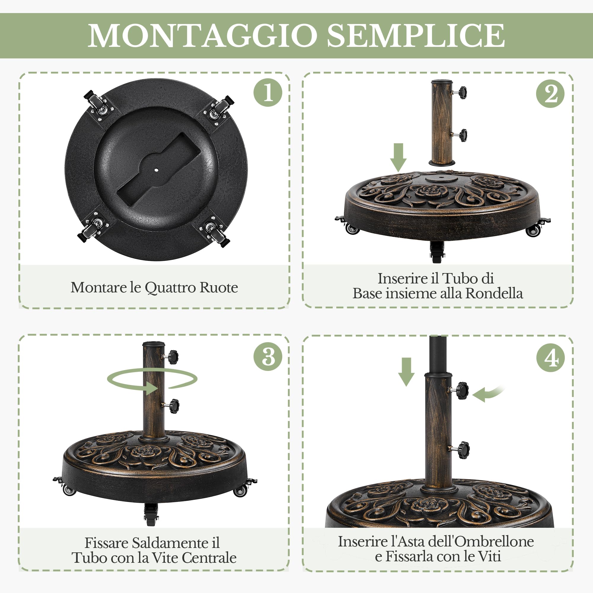 Yaheetech Base per Ombrellone da Giardino con Ruote Base Autoportante Rotonda in Stile Rustico Vintage con Motivo a Rose per Esterno Spiaggia Terrazzo (Bronzo)