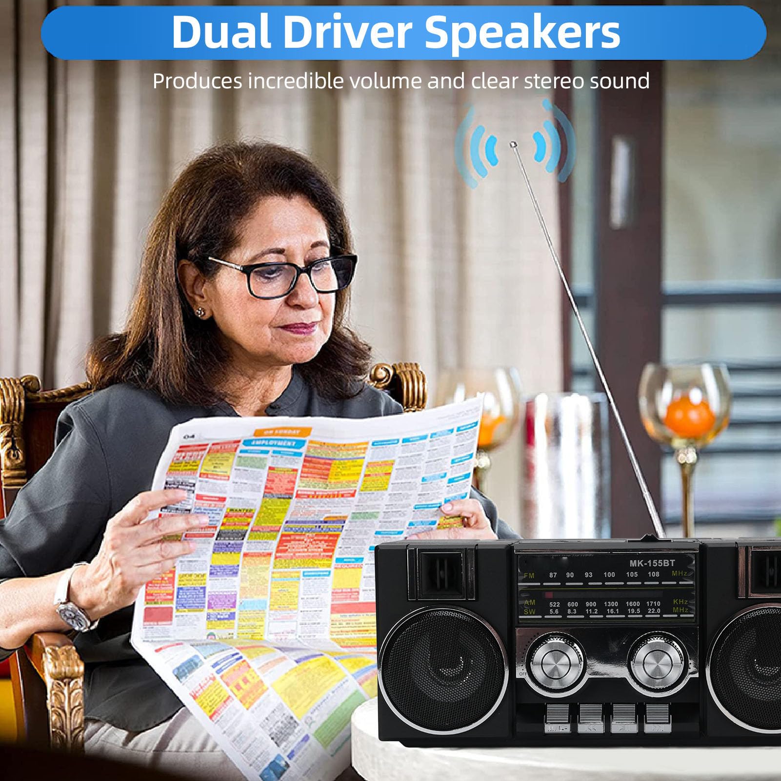 Tonysa 4 w 1 Przenośne Radio z Bluetooth, Clear FM & USB/SD, Podwójny Głośnik, Bateria 8H, ładunek Typu C dla łazienki/awaryjnego/awarii Zasilania (BLACK)