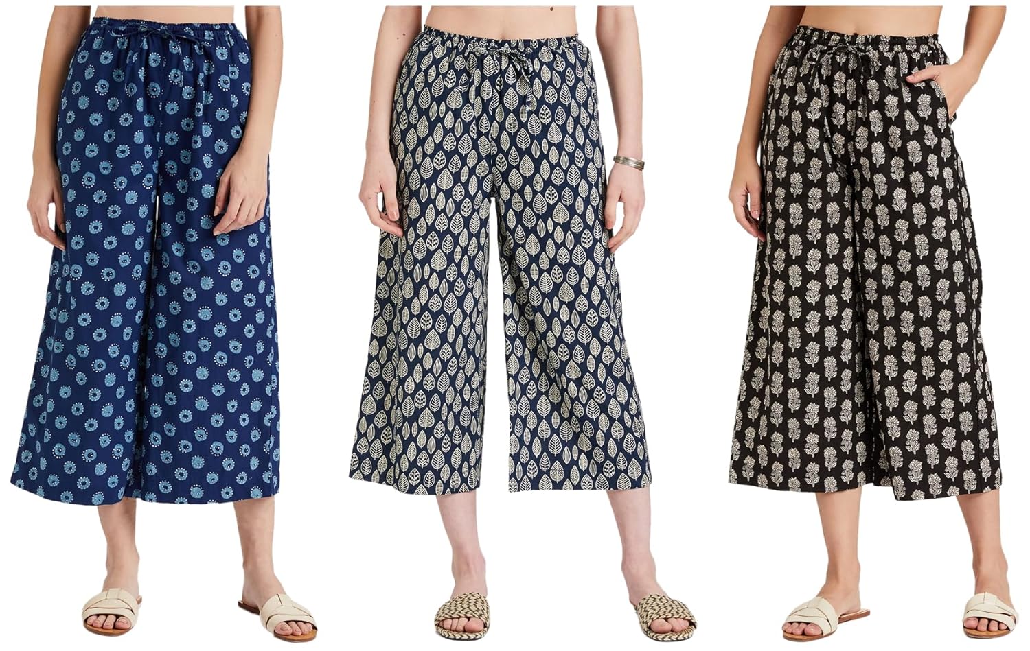 Amazon Brand – Myx Women’s Loose Palazzo in Blue Booti, Black Floral, & Off White Leaves (L).