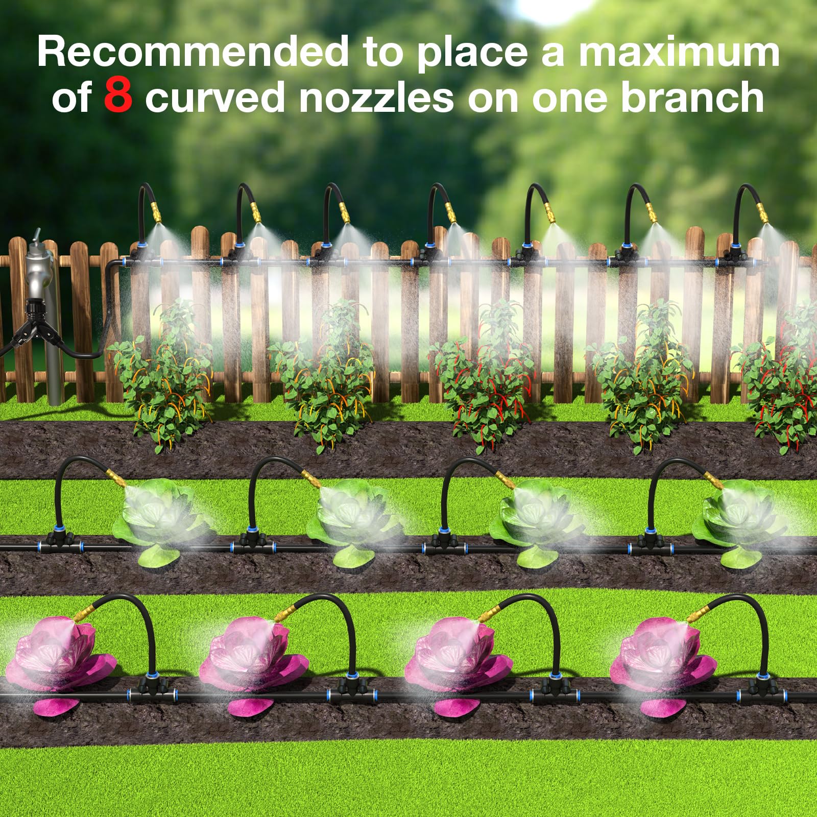 Mixc 100Ft 1/4" Drip Irrigation System,2025-Upgrade Garden Irrigation Kit with 16pcs Adjustable Copper Nozzles,Automatic Atomizing Watering System for Outdoor,Raised Bed,Potted Plant,Lawn,Greenhouse