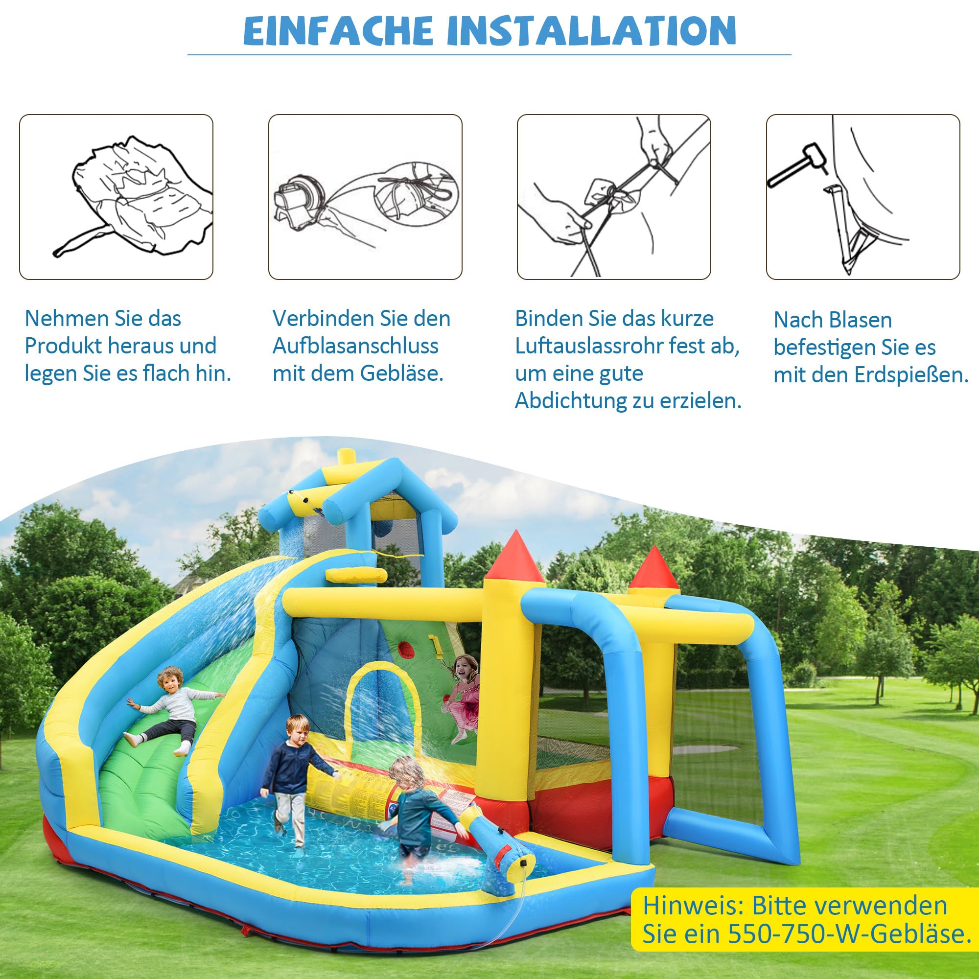 Bouncy Castle para niños 5 en 1 con ventilador, parque acuático inflable con tobogán, plataforma de salto, piscina y red de fútbol, castillo hinchable al aire libre para jardín, tela Oxford