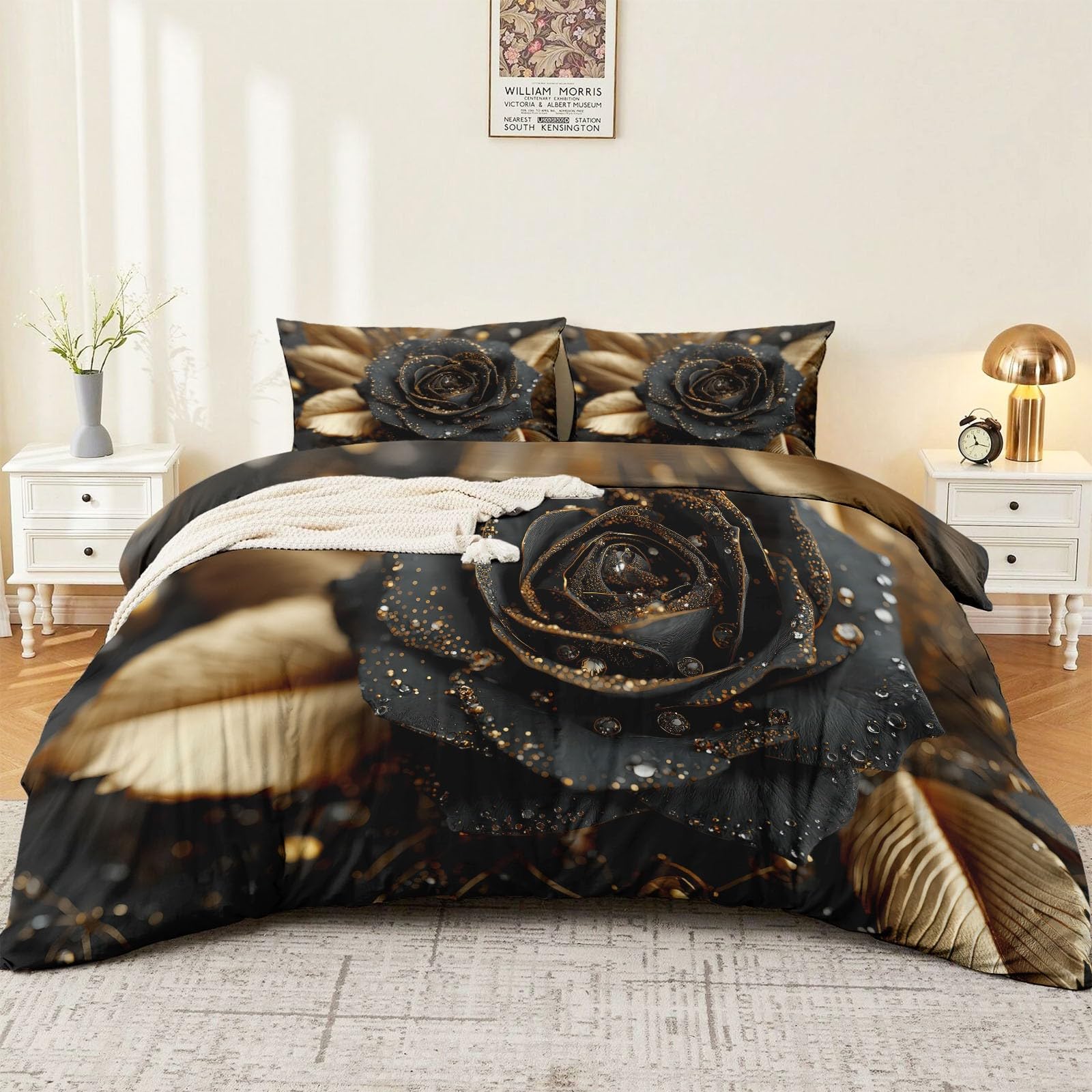 Housse de couette noir doré 140x200 cm parure lit microfibres rose diamant 3D