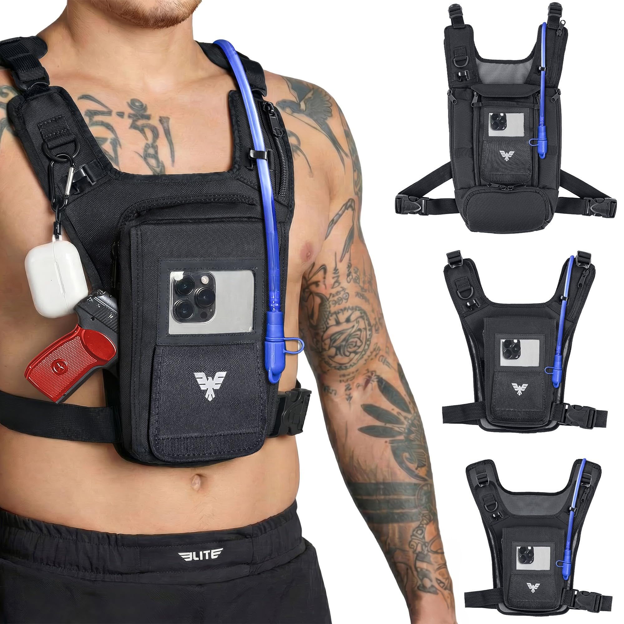 Elite Hydra Running Chest Pack w/ Gun Holster, Phone Holder Touch Friendly, Camera Pocket for Men/Women Lightweight Hydration Vest Chest Rig w/ Water