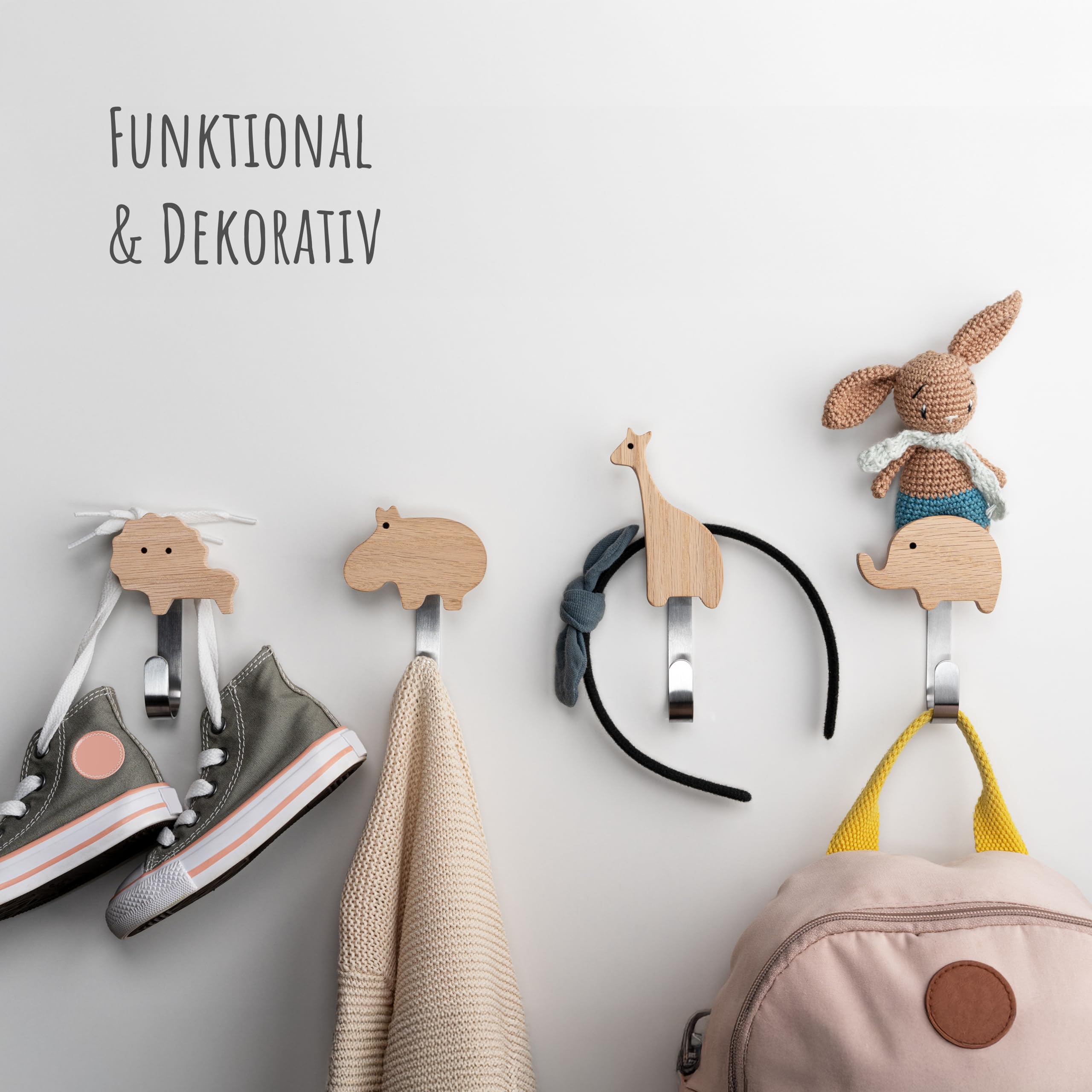 Produktbild von Kinder Garderobe Holz Tierformen - Wandhaken Löwe Elefant Giraffe Nilpferd