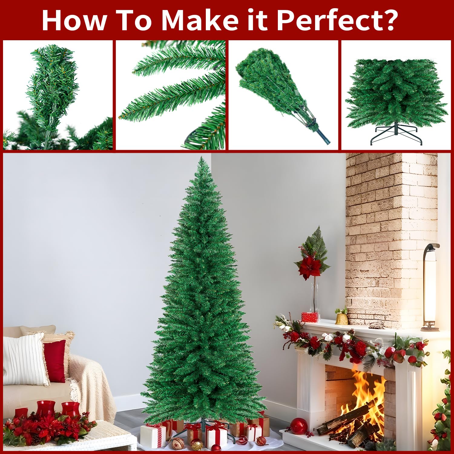 ININ Künstlicher Weihnachtsbaum mit 220 Zweigspitzen, 152 cm, schmaler Bleistift, perfekte Weihnachtsdekoration für Zuhause/Büro/Party