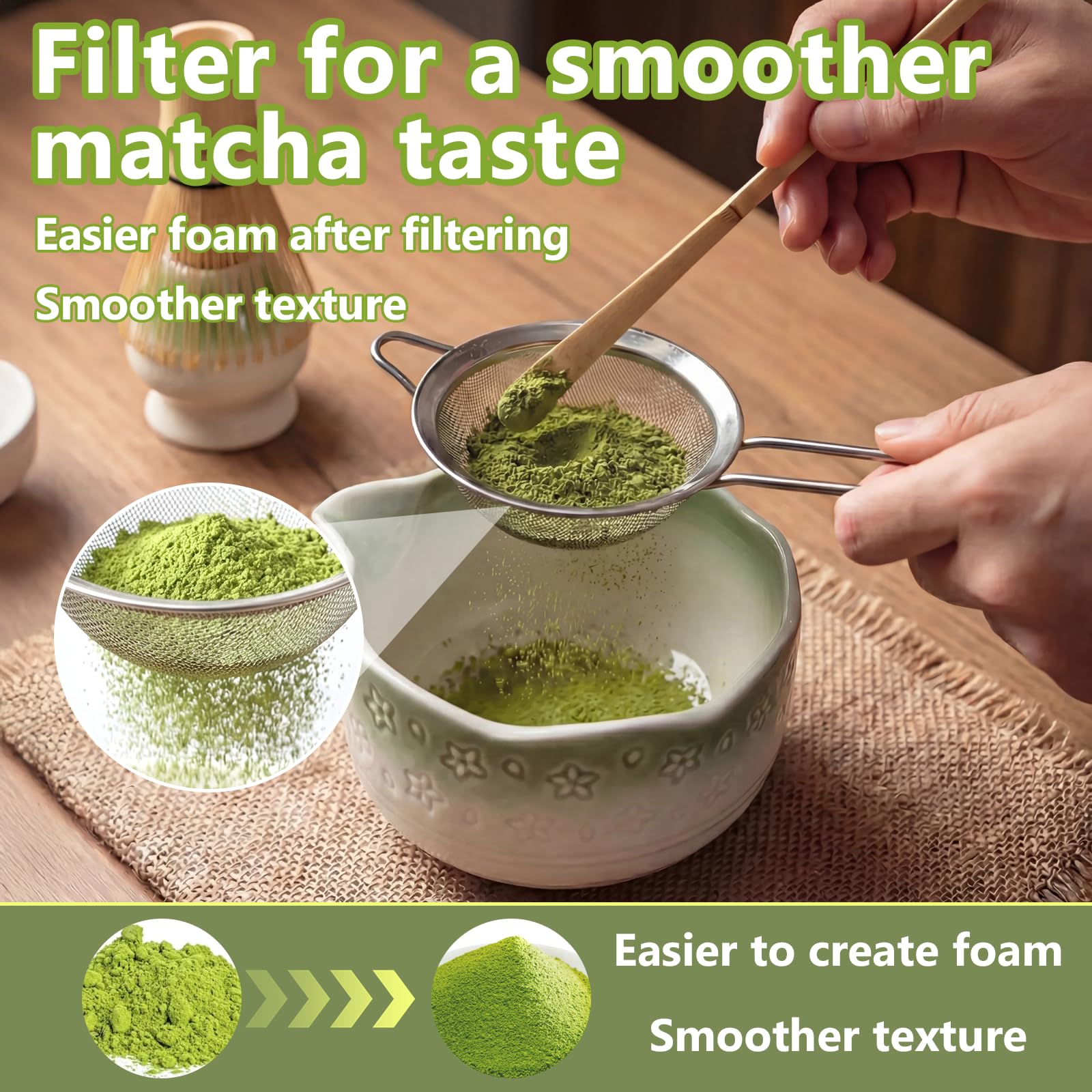 8 pezzi Matcha Kit, Matcha Set design a fiori di ciliegiocon Frusta Matcha, Ciotola, Cucchiaio, Filtro, Supporto, Kit Matcha completo per cerimonia, Elegante Set per Amanti del Matcha(Verde Sfu