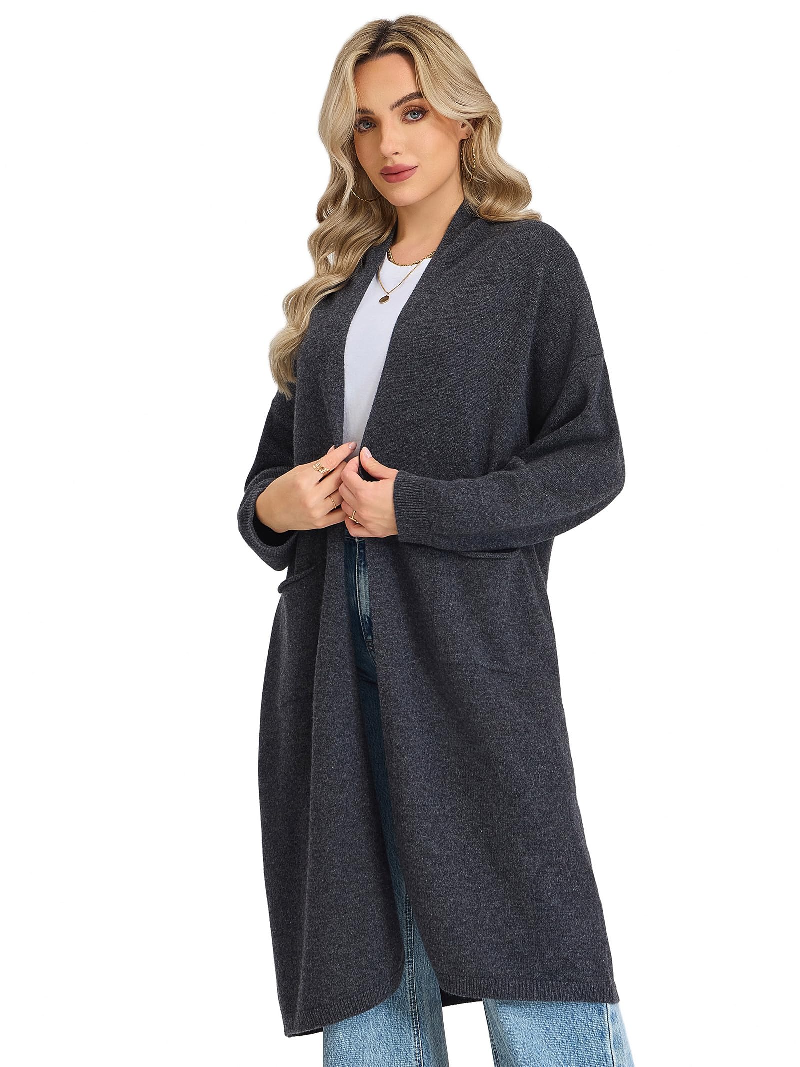 Damen 100% Merinowolle Lange Strickjacke Offenem Vorderteil