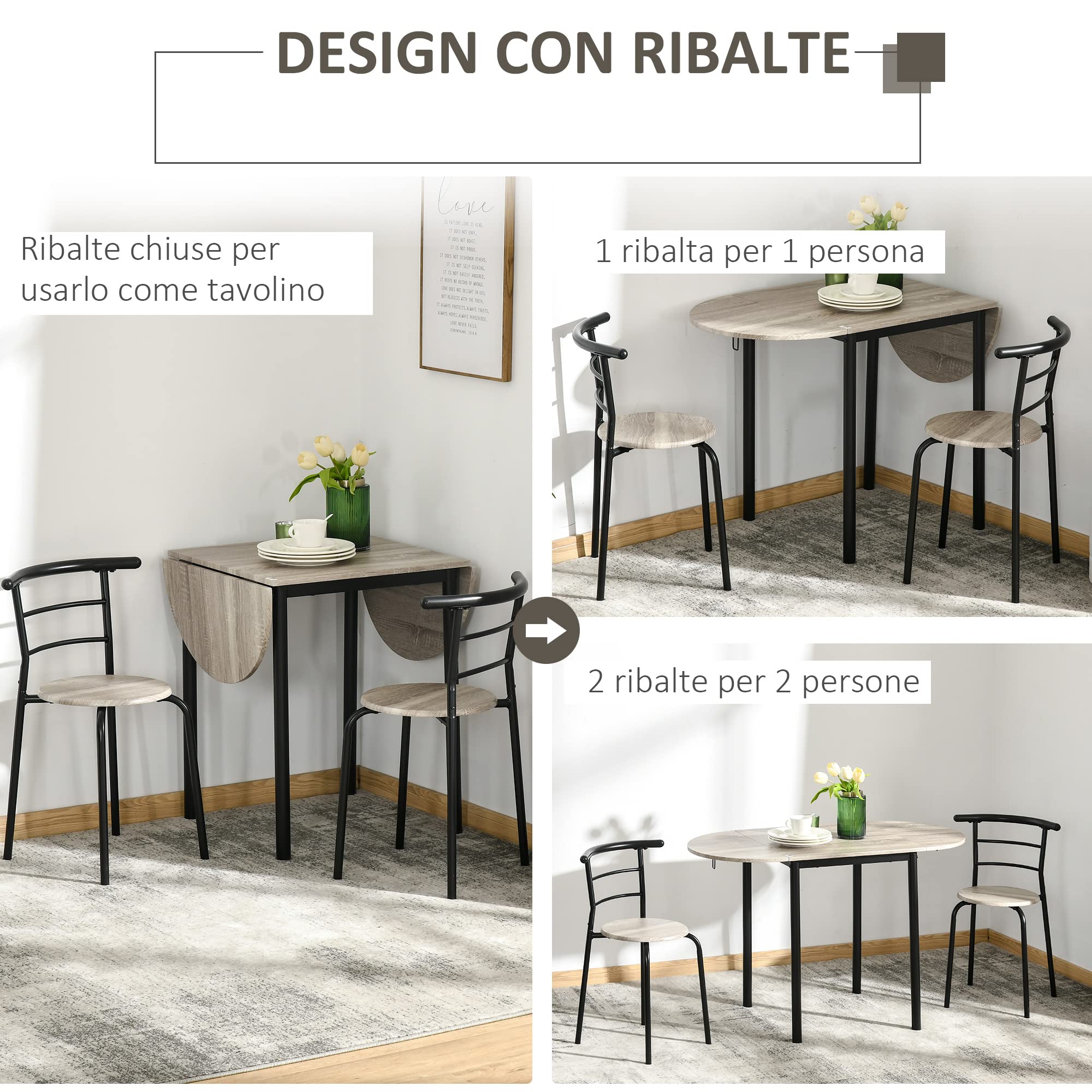 HOMCOM Set da Pranzo 3 Pezzi con 2 Sedie e 1 Tavolo da Pranzo Ovale in MDF e Acciaio per Spazi Limitati, Color Legno