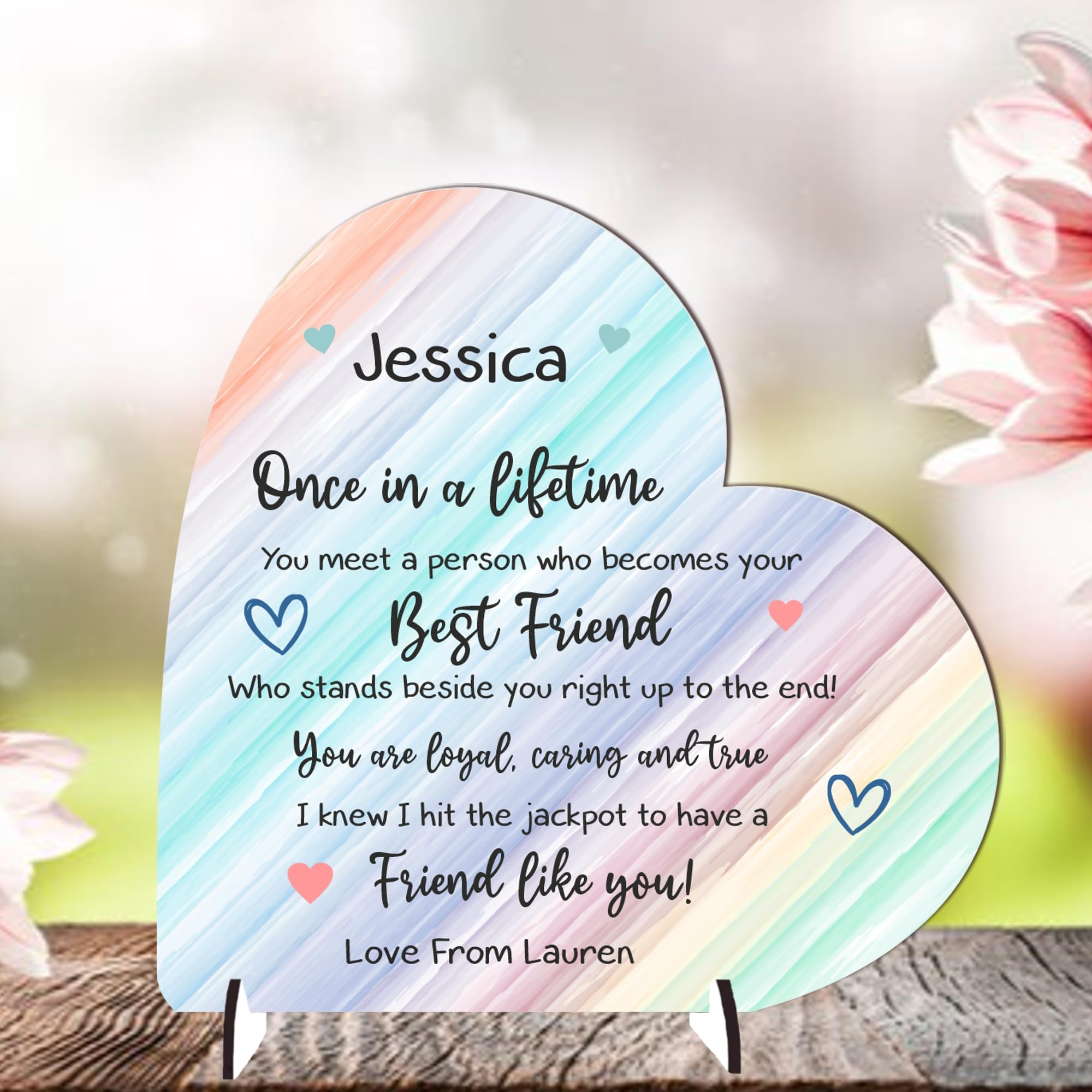 Friendship Personalised Heart Freestanding Plaque for Best Friends, Birthdays, Gift for Friends, Besties, Sentimental Quote Keepsake Sign (Pastel Rainbow, MDF Wood - Medium - 135mm x 130mm)