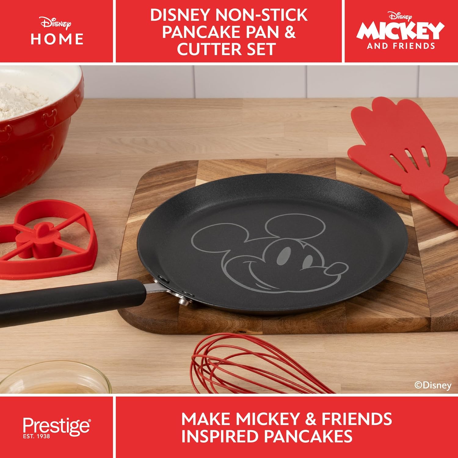Prestige Disney Non Stick Pancake Pan & Pancake Mould Set, Mini Pancake Mould Set x 3 / 24cm Pancake Pan, Grey, Red