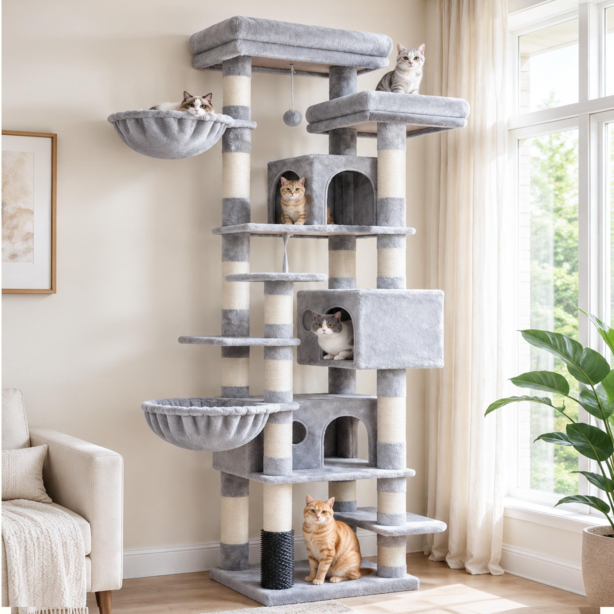 Hey-brother Kratzbaum, 188 cm Katzenbaum, XXL Kletterbaum mit 2 groß Plattform, 3 Höhlen, 2 Korb, Plüschbälle und Sisal Kratzbäume, mehrstöckiger Katzenkratzbaum, Hellgrau MPJ035-MW