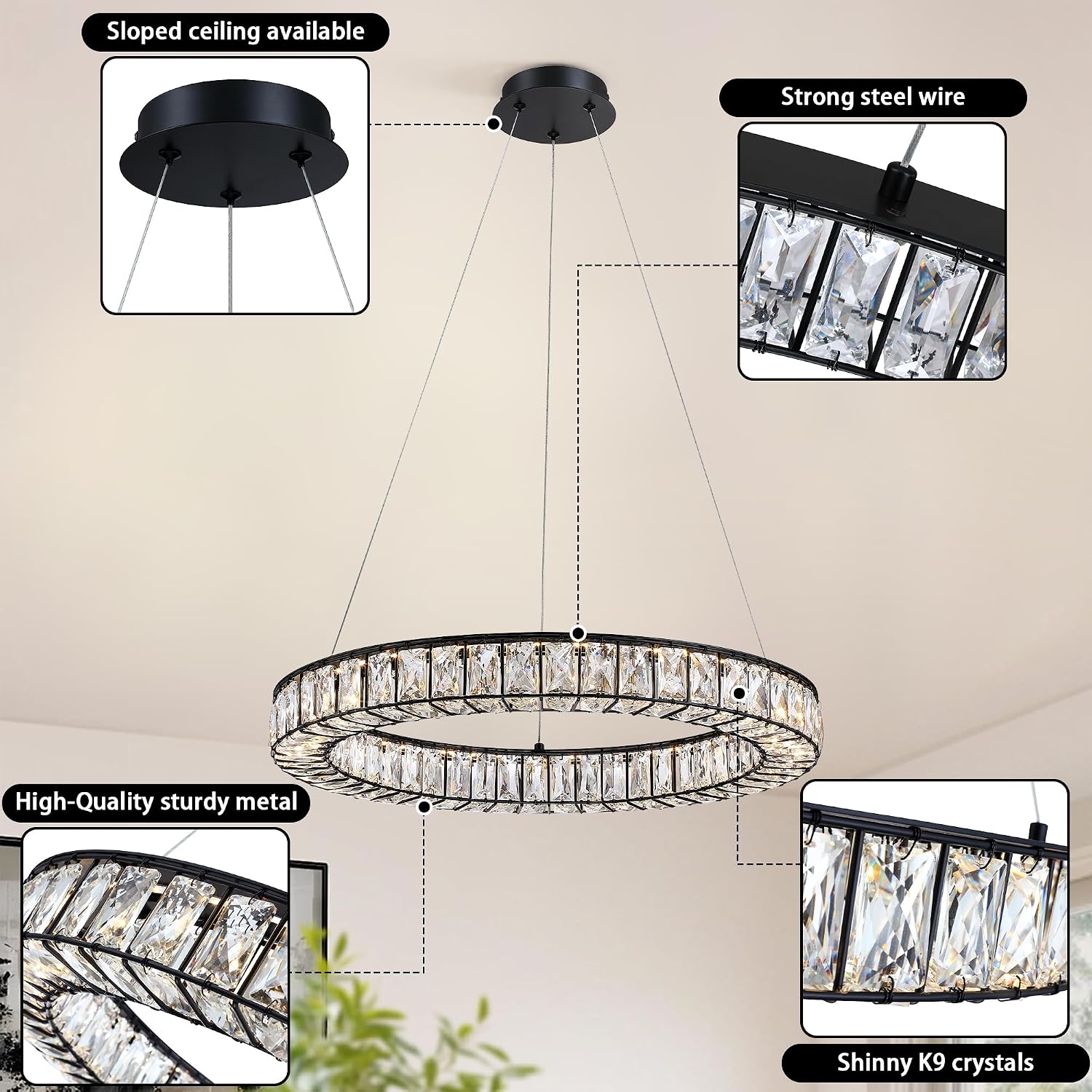 MEXO Crystal Chandeliers Modern Black LED Chandelier Adjustable LED Ceiling Light Fixtures Black Hanging Pendant Lights for Living Room Dining Room