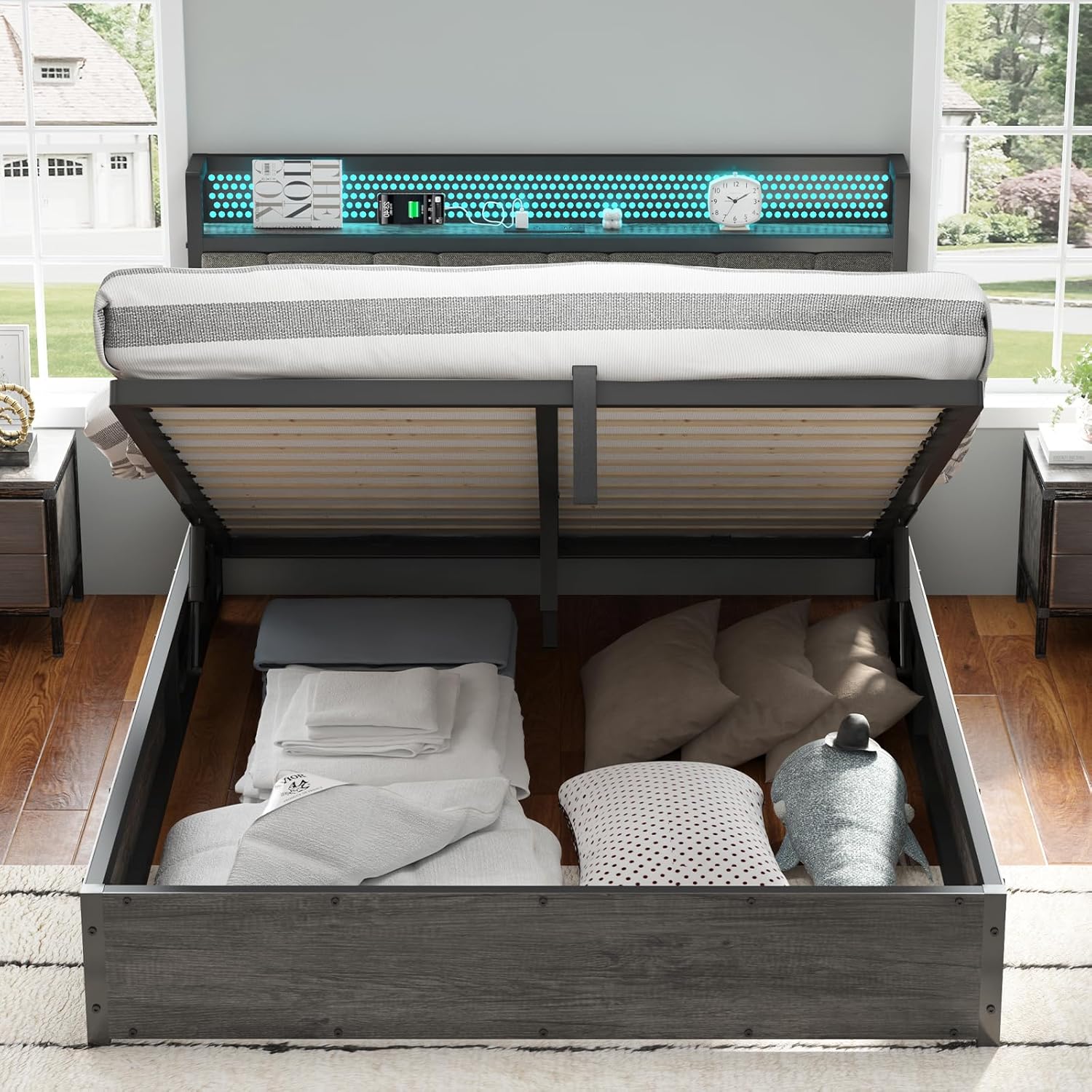 AMERLIFE Full Size Lift Up Bed Frame with Linen Upholstered & LED Light & Storage Headboard, Platform Bed Frame with Charging Station, No Box Spring Needed, Noisy Free, Rustic Grey