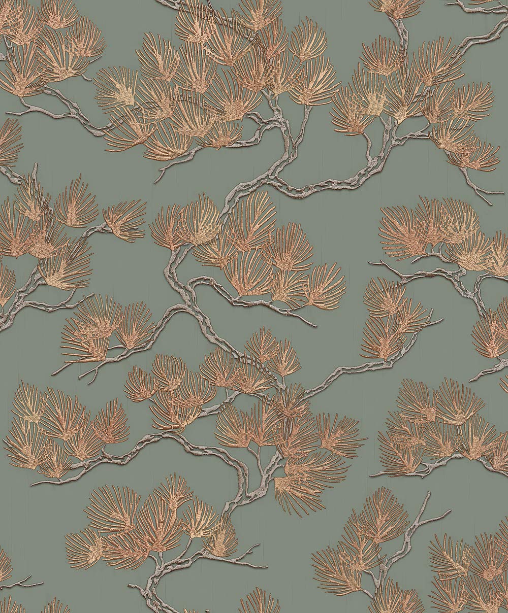 Design ID Pine Tree Wallpaper - Sage Green and Gold - Heavyweight Vinyl