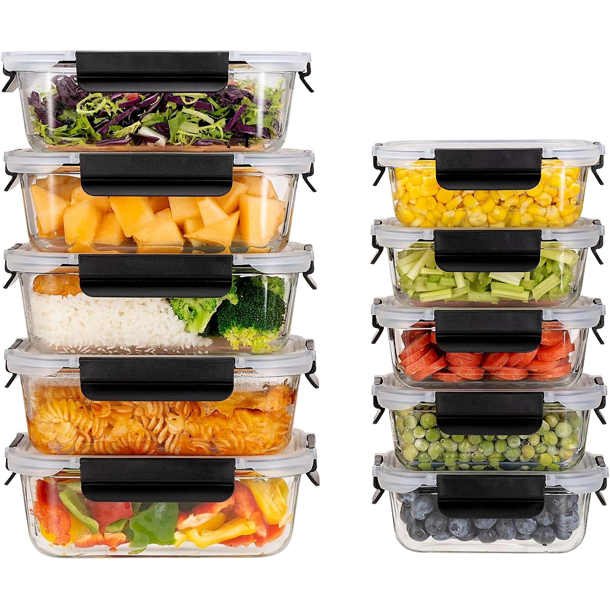 Houszy Transparent Glass Food Containers With Lids – Set Of 10 Borosilicate Glass Meal Prep Containers – Leakproof, Bpa-Free, Oven & Freezer Safe – (370Ml & 1050Ml)-Black