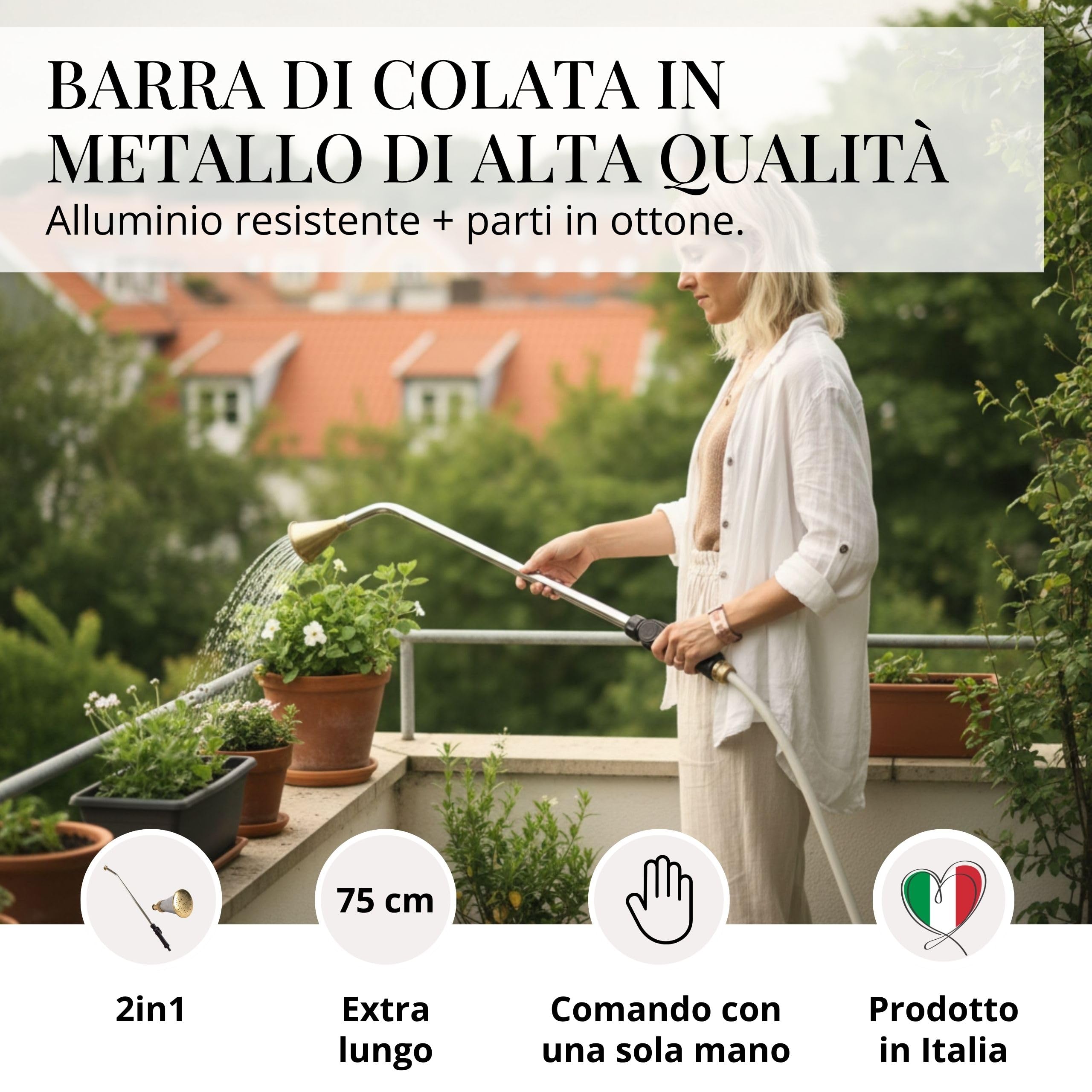 LIVLIG - Asta per irrigazione in metallo, professionale, made in Italy, asta lunga per giardino e balcone, interruttore on/off e doccetta da giardino rimovibile, sistema di irrigazione a scatto da 1/2