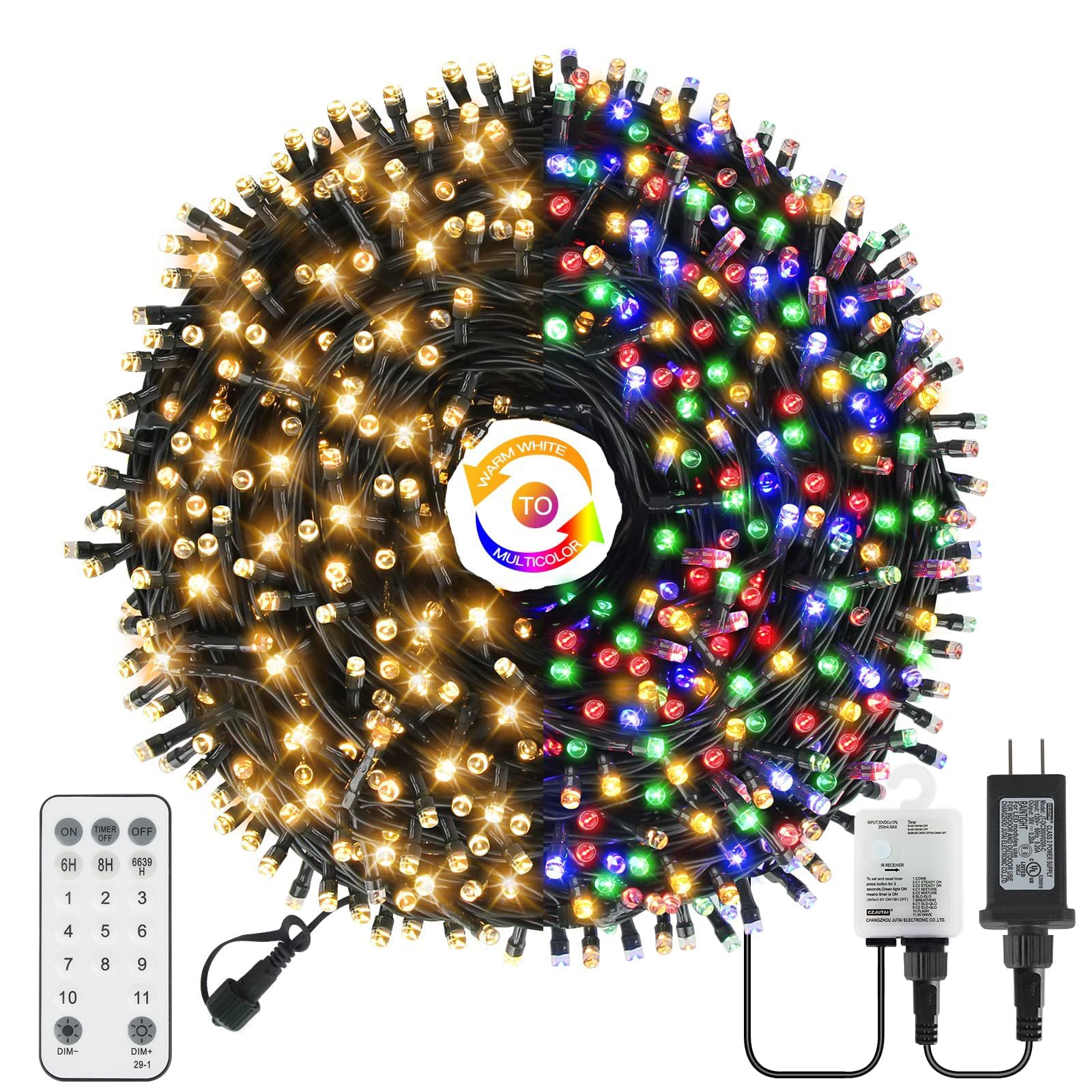 Green Convenience 170FT 500LED UL Color Changing String Lights, 11Modes Decorative Fairy Lights, Indoor Outdoor Light for Christmas Tree, Wedding, Party, Patio, Warm White to Multi Color