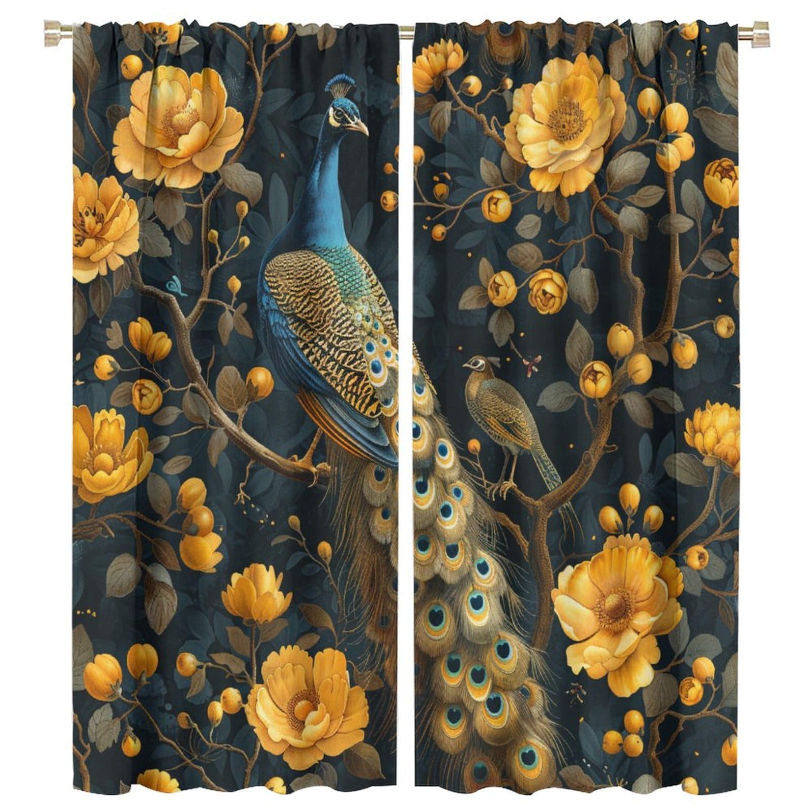 TOWINSFB Vintage Peacock Floral Blackout Curtains for Living Room Bedroom, Rustic Style Nature Bird Animal Window Curtains Rod Pocket Thermal