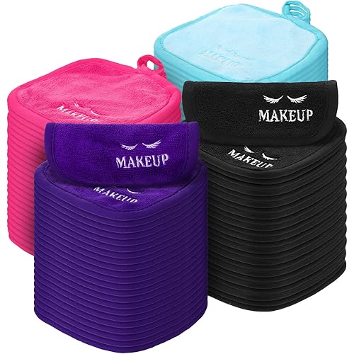 48 Pcs Makeup Remover Cloths Reusable Washable Makeup Remover Pads Soft Microfiber Facial Cleansing Cloths Makeup Towels Holiday Gift for Women, 5 x 5 Inch (Black, Blue, Purple, Rose Red)