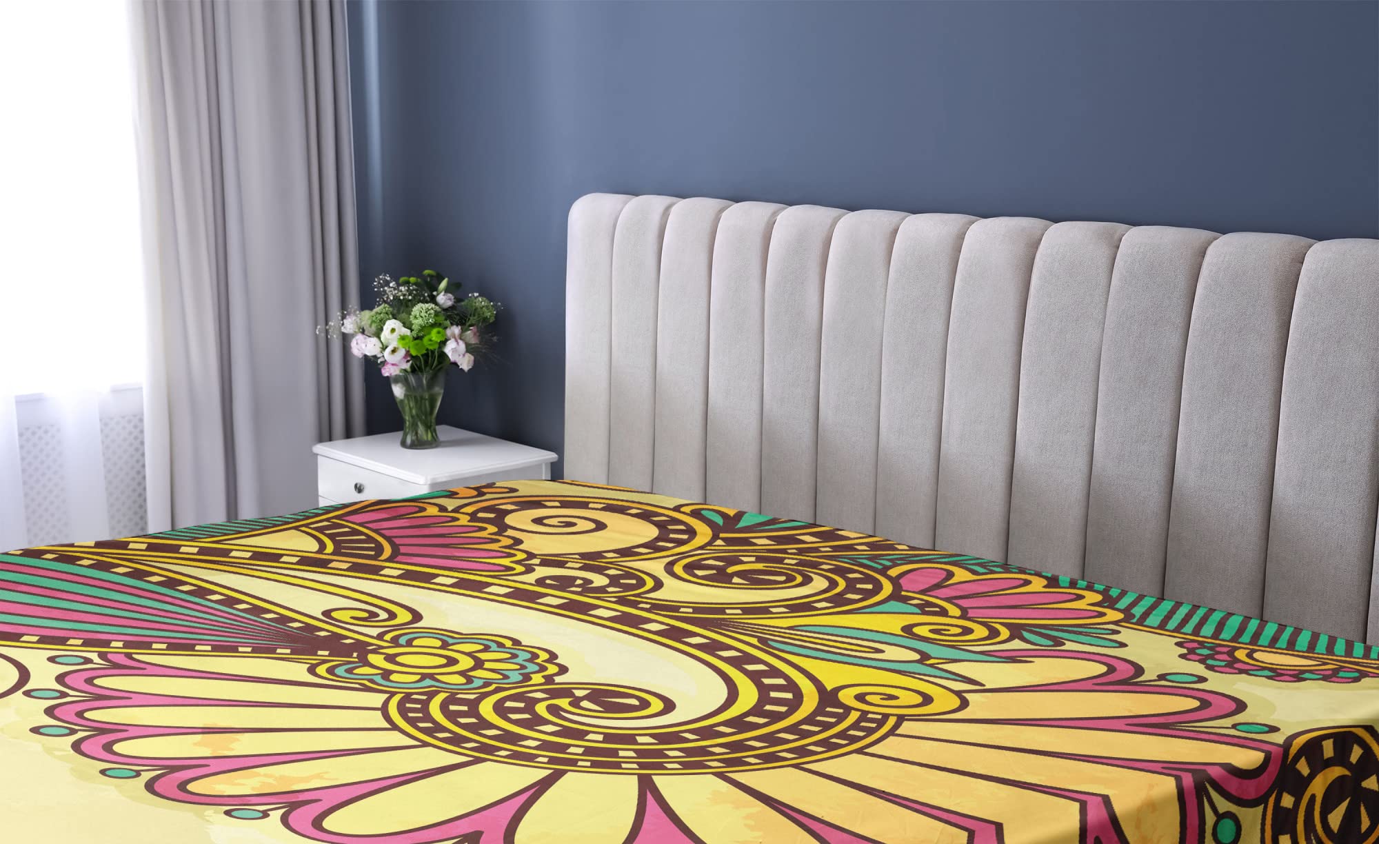 Ambesonne Grunge Fitted Sheet, Paisley Flower Leaf Design with Floral Mandala Oriental Pattern Effects, Bed Cover with All-Round Elastic Deep Pocket for Comfort, Queen Size, Mustard Teal Pink