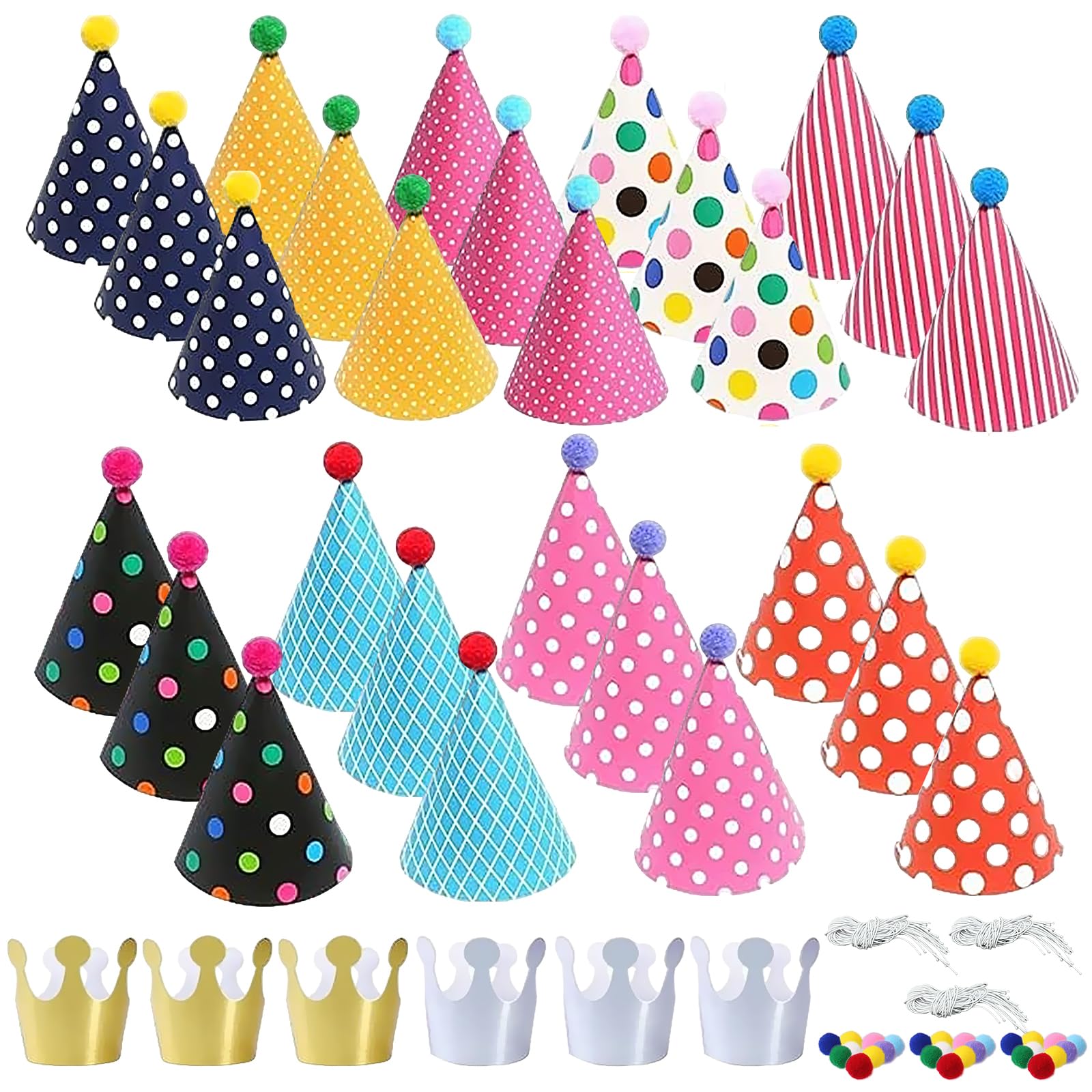 33-Piece Party Set - Cone Hats with Pom Poms for Birthday, Halloween, New Year's - Lovely Crowns for Girls, Boys & Adults