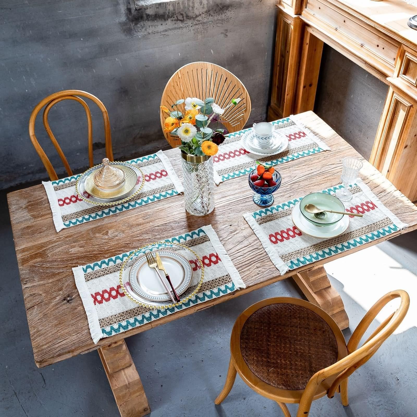 Tischset Vintage 4er Set, Platzsets Landhausstil 30x50cm Geometrisches Streifenmuster mit Quasten Baumwolle Leinen Blau Rot
